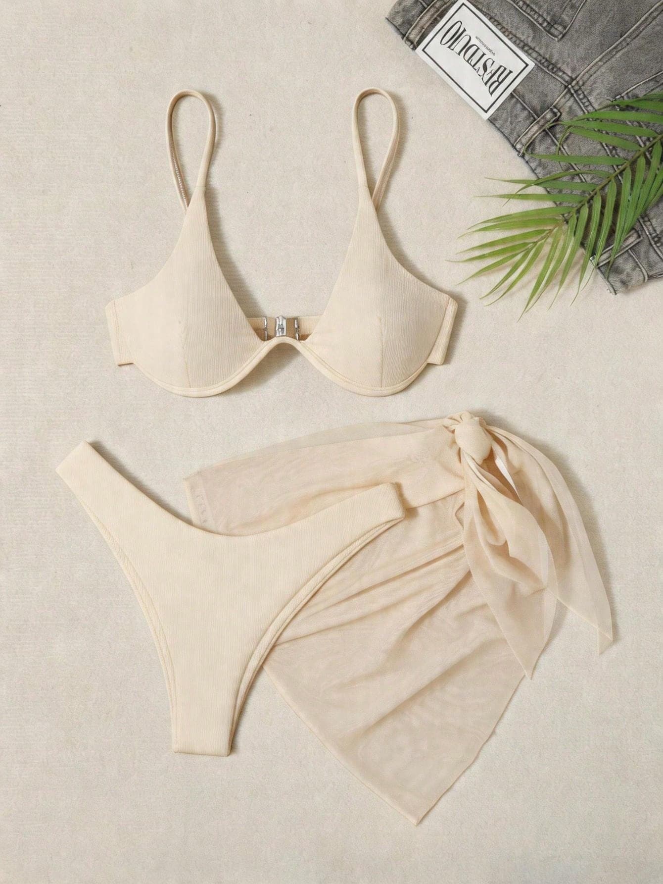 Swim Basics Women's Summer Beach Solid Color Halter Tie Sexy Bikini And Triangle Panty Swimwear Set With Mini Skirt