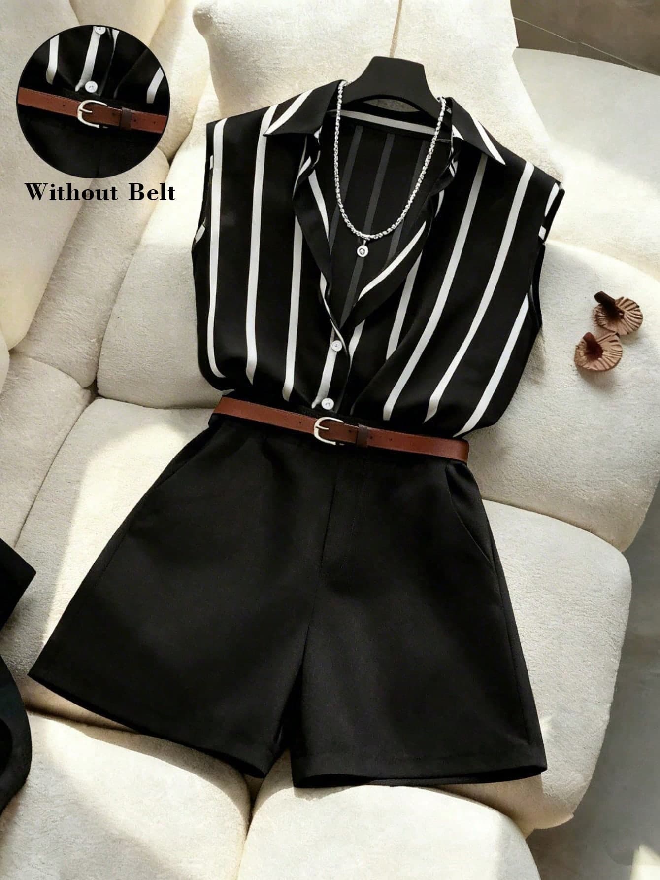SHEIN Franclia Women's Sleeveless Striped Shirt Blouse + Loose Fashionable Versatile Shorts, Spring/Summer