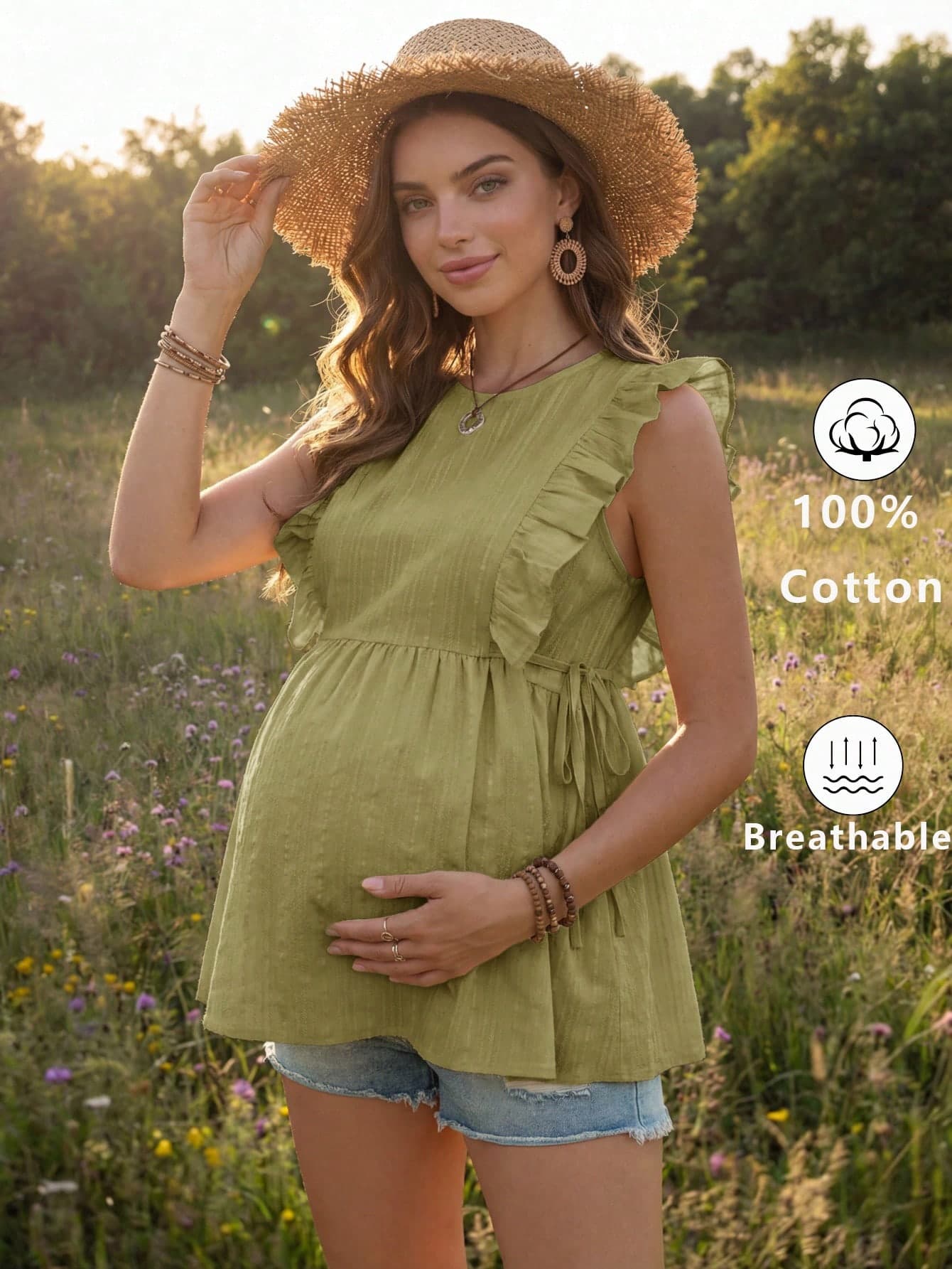 Boho Mama Maternity Fashionable Versatile Ruffle Tie Casual Shirt, Minimalist Daily Wear Summer Photoshoot