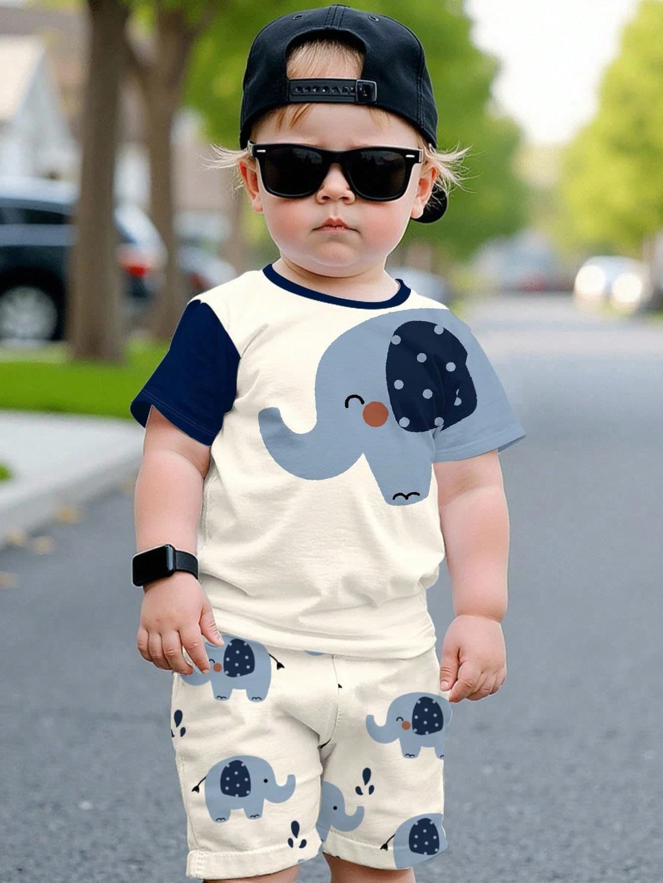 SHEIN Baby Boy Casual Crew Neck Short Sleeve Elephant Print Top&Shorts 2-Piece Set,Clothes Suitable For Summer Elephants Sets Boys Clothing Outfit