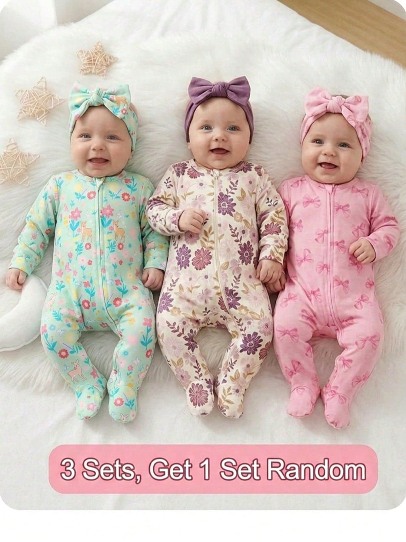SHEIN Newborn Baby Girl Cute Summer Knitted Floral & Cartoon Pattern Romper(3 Sets, Get1 Set Random)