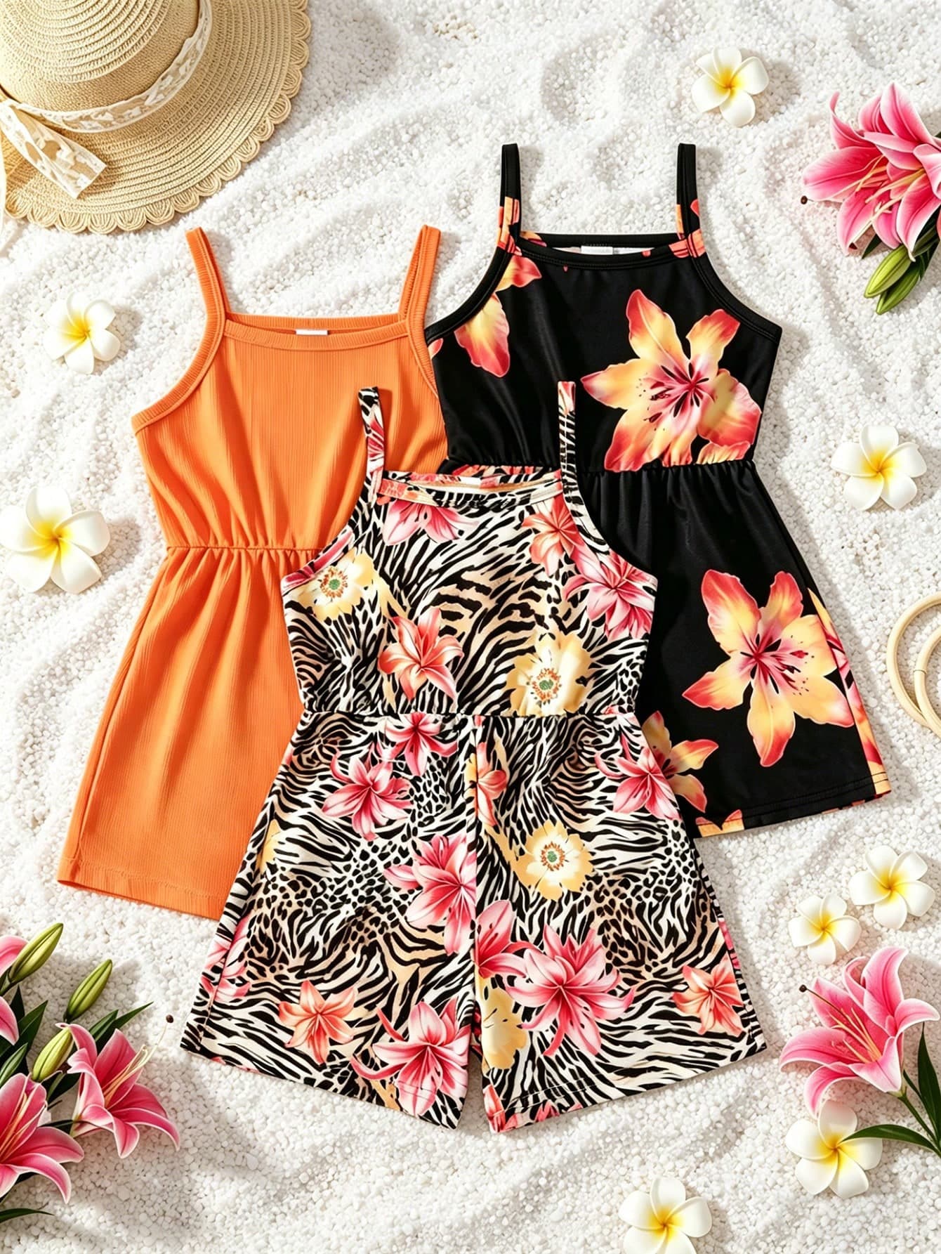 SHEIN 3pcs/Set Toddler Girls' Summer Floral Print Romper Shorts,Minimalist Black White Versatile Casual Outfit For Outdoor,Events,Parties,Daily Wear