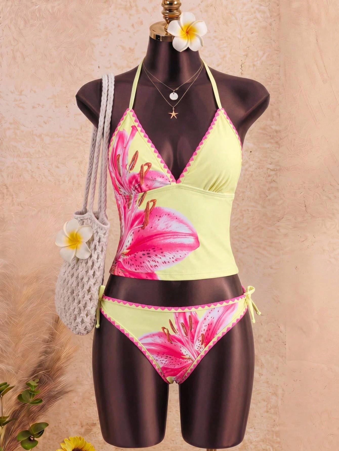Teen Girl & Teen Girls' Yellow Floral Print Spaghetti Strap Tankini Swimwear Set, 2pcs, Colorblock Shell Trim, Beach Holiday, Summer Swimwear