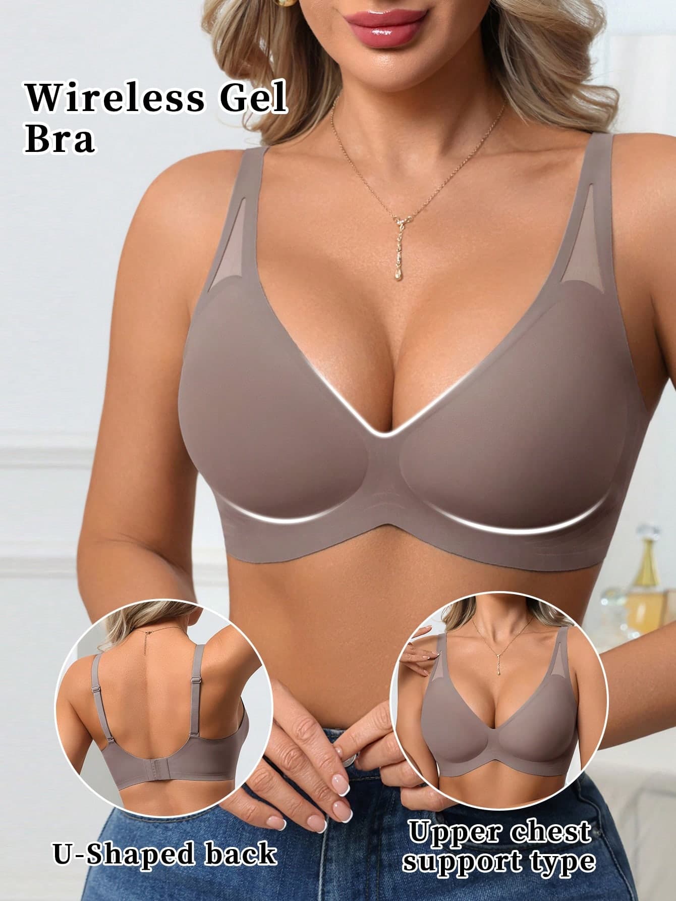 DesireSculpt 1pc Women's Seamless Wireless V-Neck Bra, Supportive Soft Gel Padded Comfortable Solid Color Mesh Hollow-Out Bra