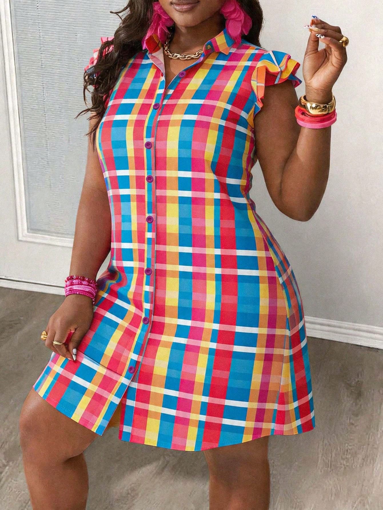 Slaydiva Women's Plus-Size Blue Summer Shirt Dress,Smart Casual Plaid Graphic Print Flutter Sleeve A-Line Mini Dress,Vacation Cruise Beach Holiday Fashion Style