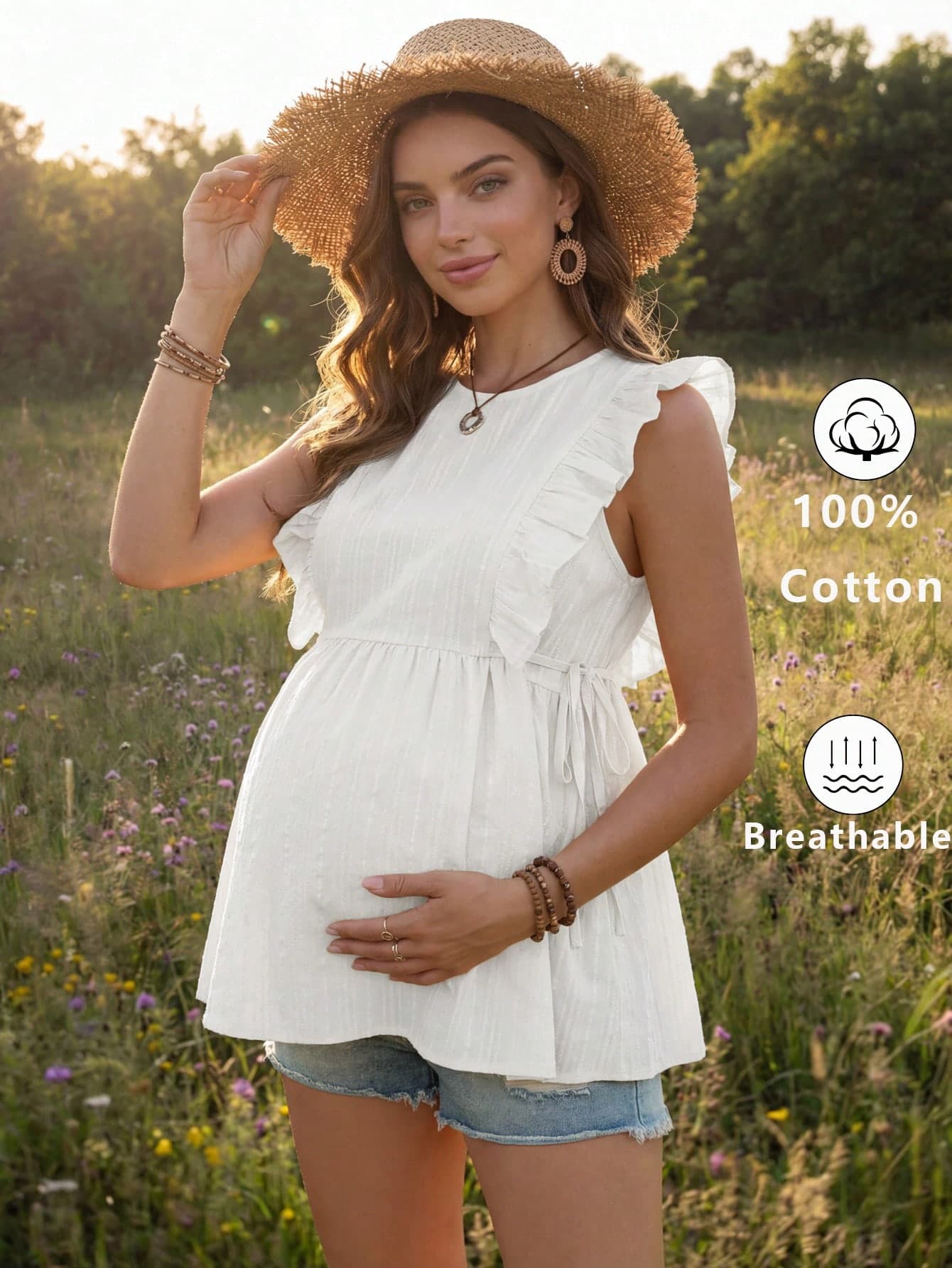 Boho Mama Maternity Summer Casual Solid Color Ruffle Side Tie Shirt Babyshower Baby Shower