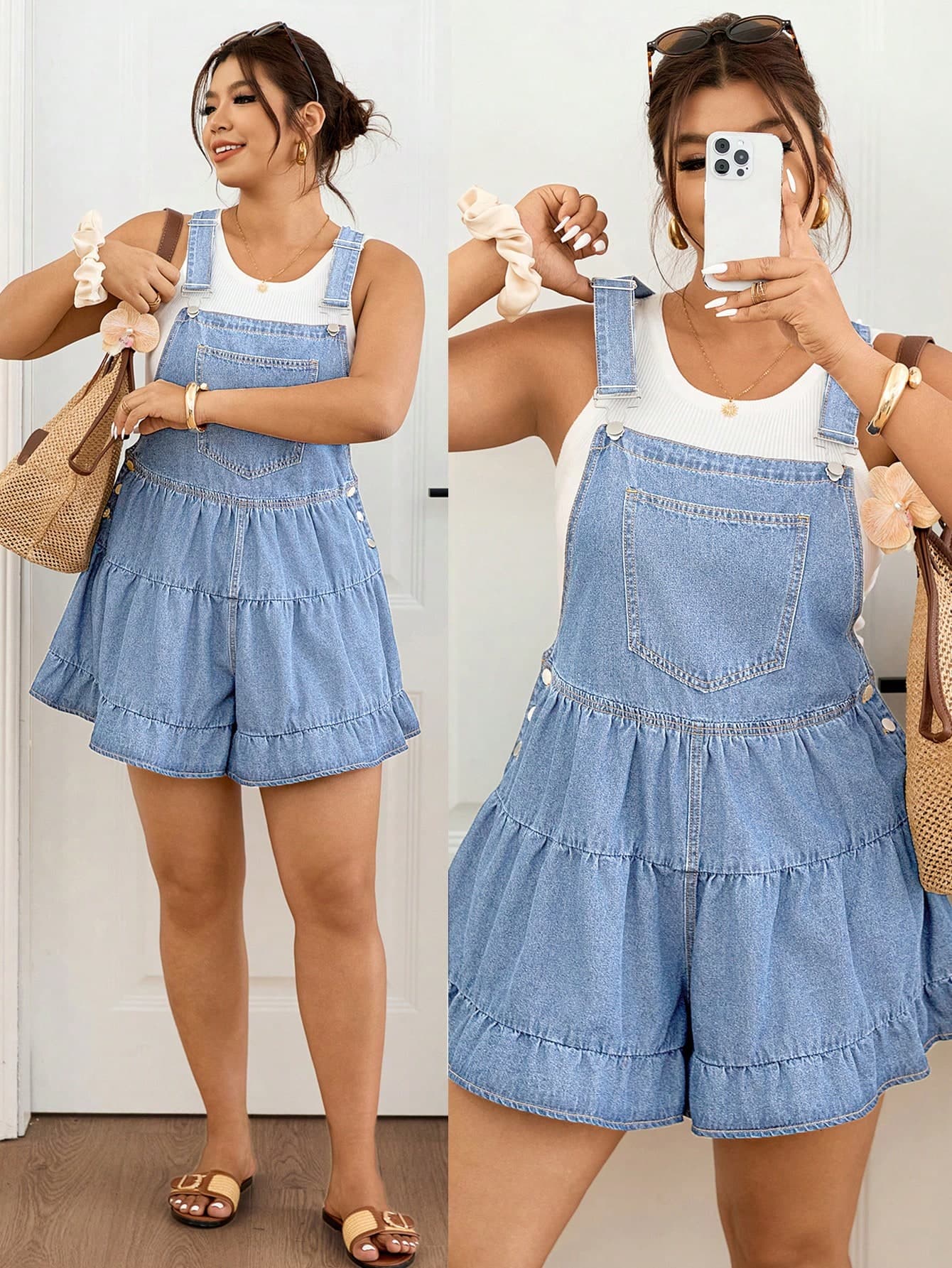 Lounesse Plus Size Women Pleated Ruffle Pocket Casual Denim Bib Shorts