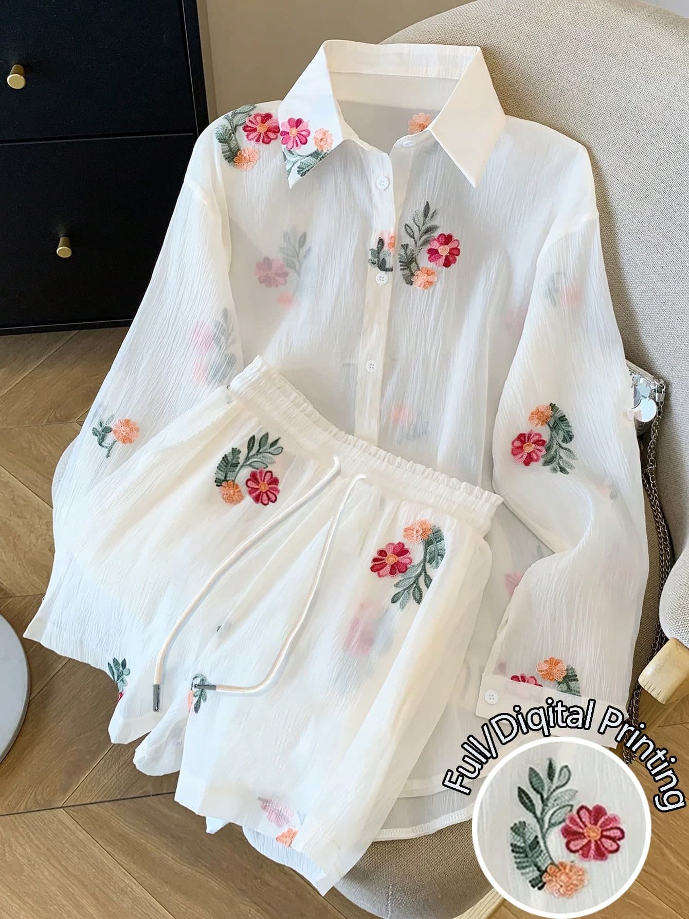 Resyla Loose Regular Chiffon Drop Shoulder Long Sleeve Shirt & Shorts Set