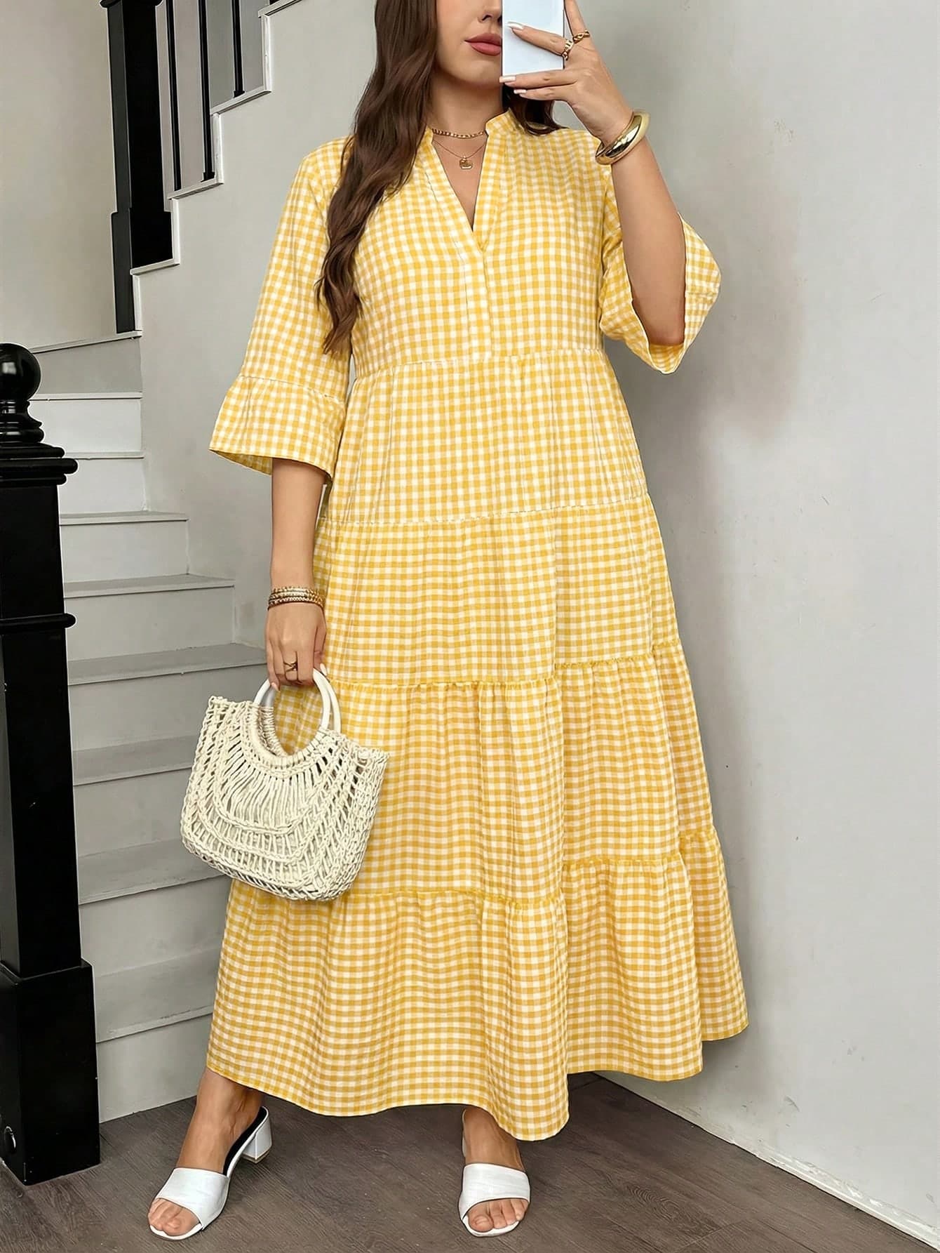 SHEIN LUNE Plus Size Women V-Neck Plaid Casual Boho Party Vacation Vacation Vacation Holiday Dress All Yellow Autumn Fall