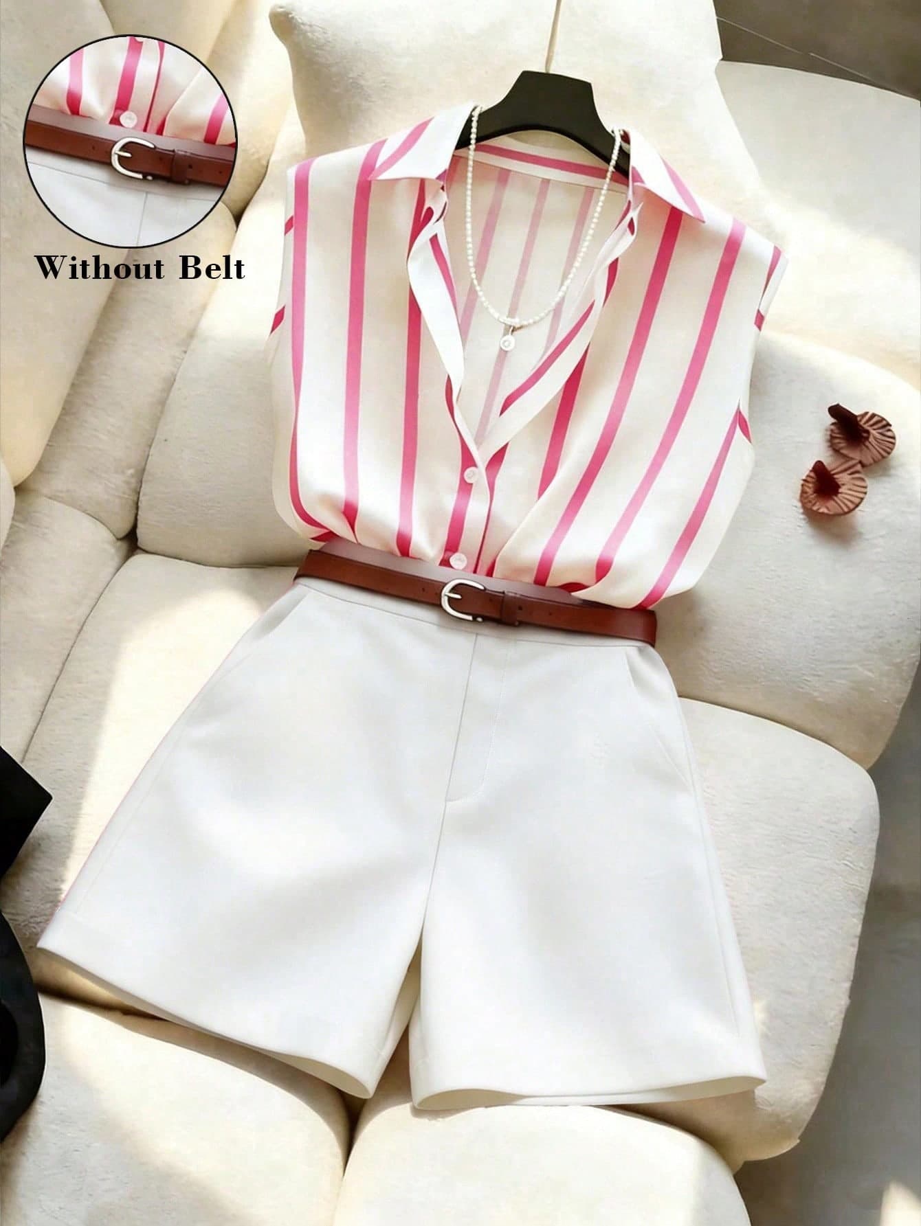SHEIN Franclia Women's Sleeveless Striped Shirt Blouse + Loose Fashionable Versatile Shorts, Spring/Summer