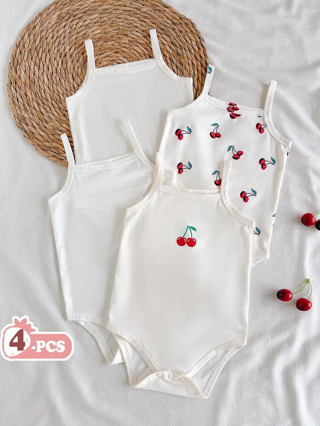 Vintaside Kids 4pcs Baby Girls Ditsy Floral Bodysuit Suits, Fashionable Cute Countryside Style Bodysuit, Spring/Summer