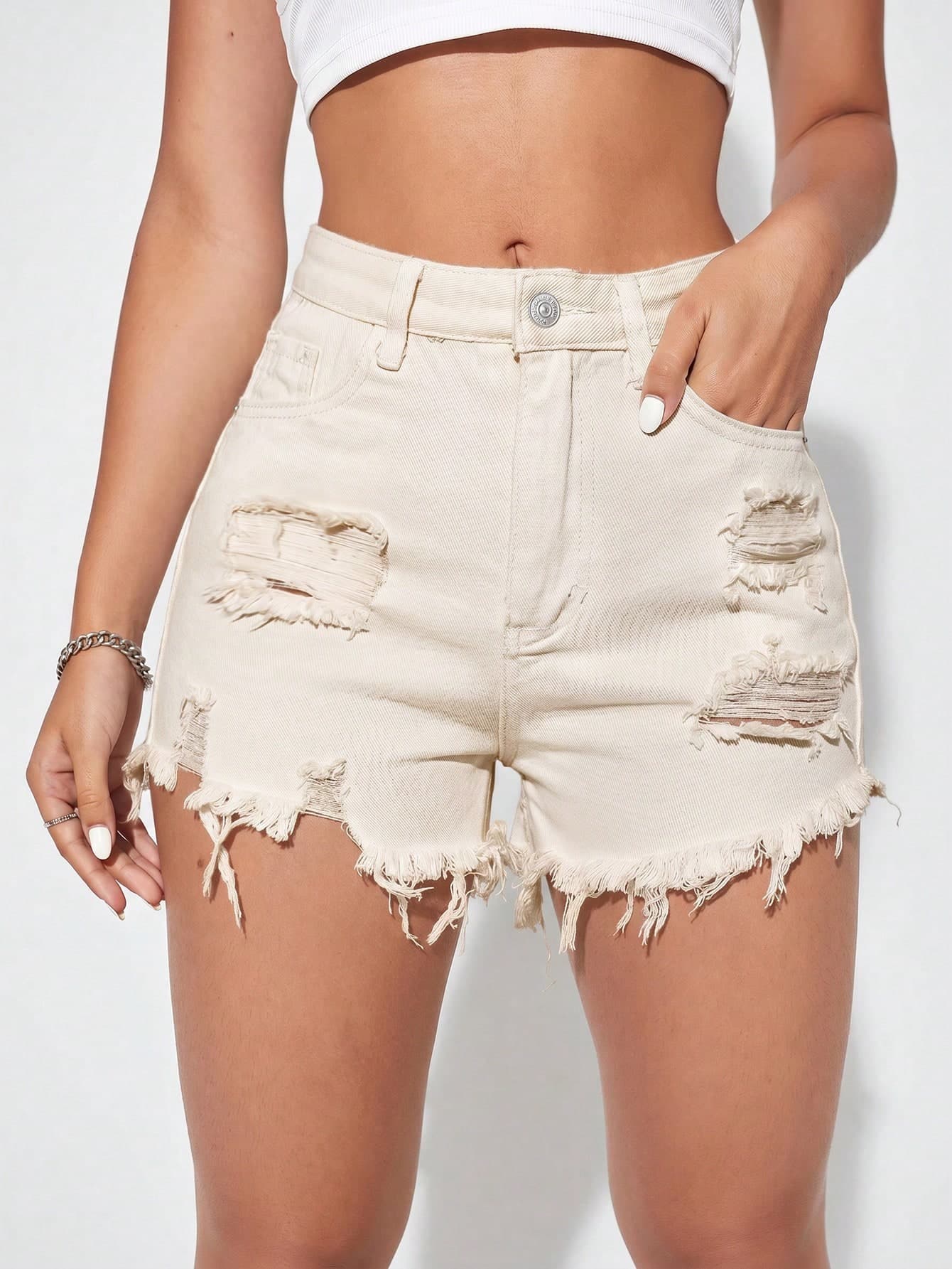 SHEIN Essnce Women's Fashion Distressed Frayed Pocket Denim Shorts