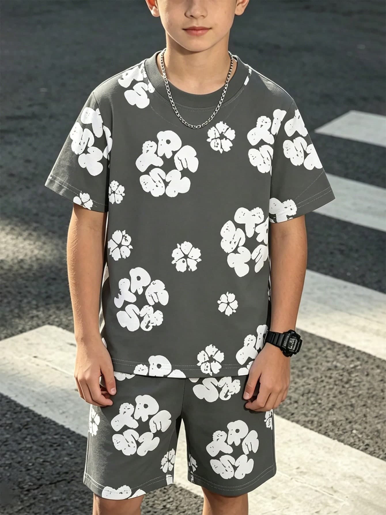 2pcs/Set Boys' Casual Floral Print White T-Shirt And Gray Shorts Set, Comfortable Daily Wear, Fashionable Street Style For Summer