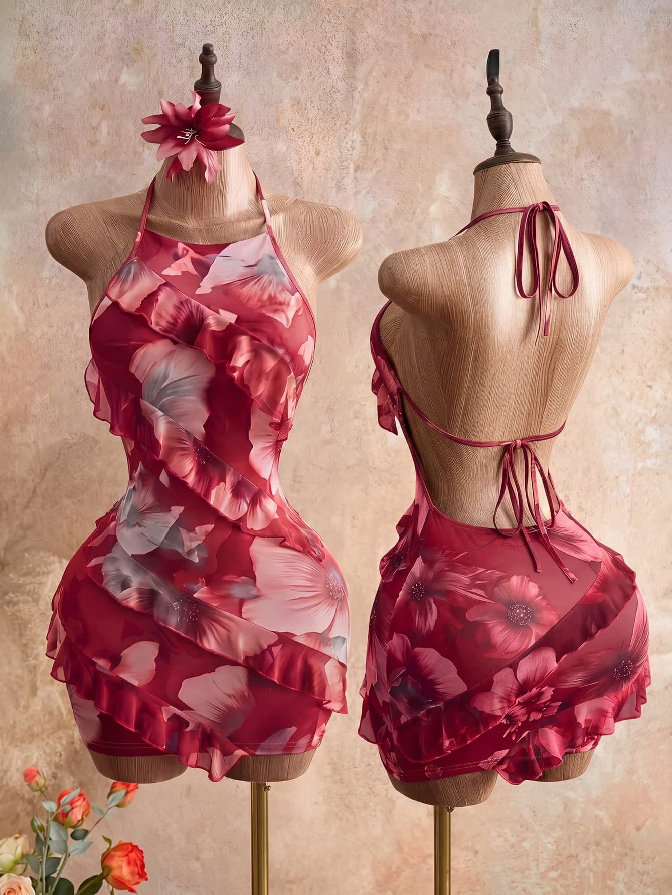Mistrie 2026 Lady's New Red Floral Summer Girly Party Neckline Floral Print Halter Dress,Ruffled Border Design,Y2K Revival,Sweet Spicy Style,Slim Fit
