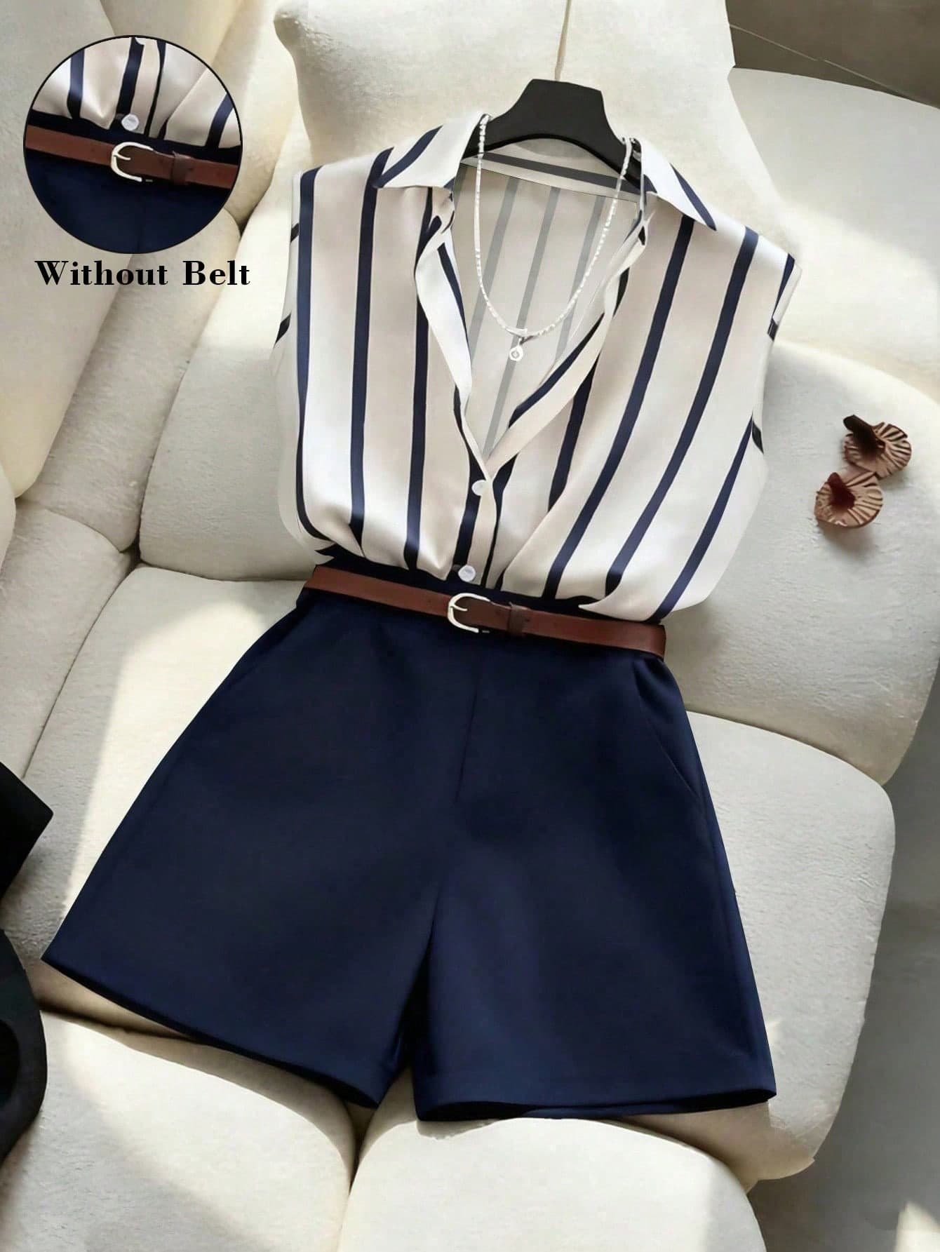 SHEIN Franclia Women's Elegant Navy And White Striped Sleeveless Shirt & Shorts Set,Summer Office Work Casual Single-Breasted Collarless Fashionable Two-Piece Set