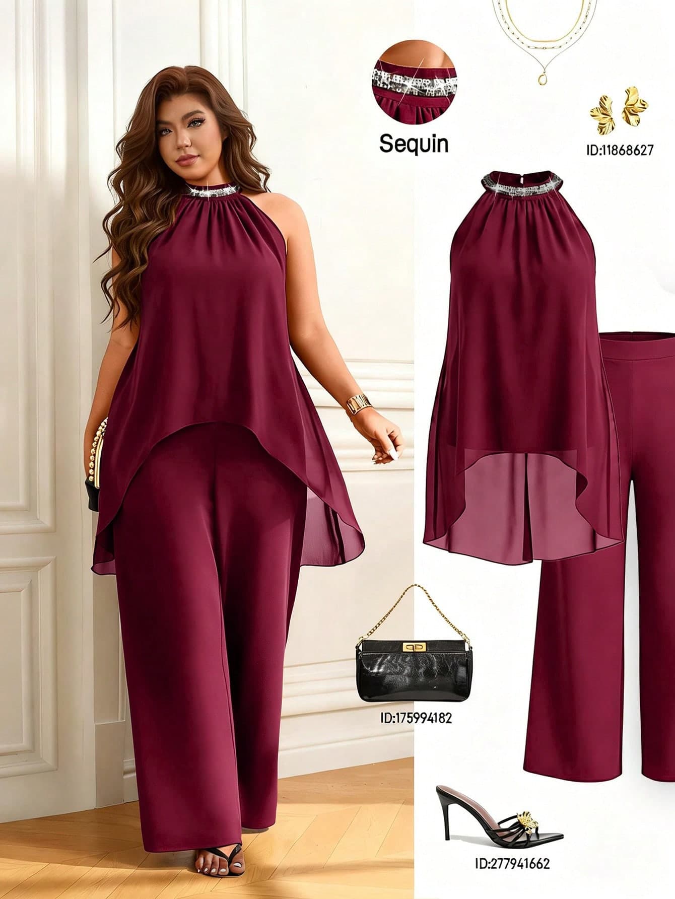 Femmeverse Plus Size Women's Pleated Halter Neck Sequin Patchwork 2 Pieces Set, Loose High Waist Wide Leg Pants Suit