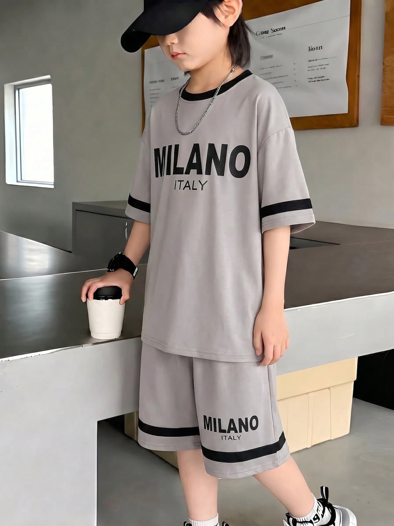 2pcs/Set Colorblock Print Top And Casual Sports Shorts Set For Teen Boy, Summer