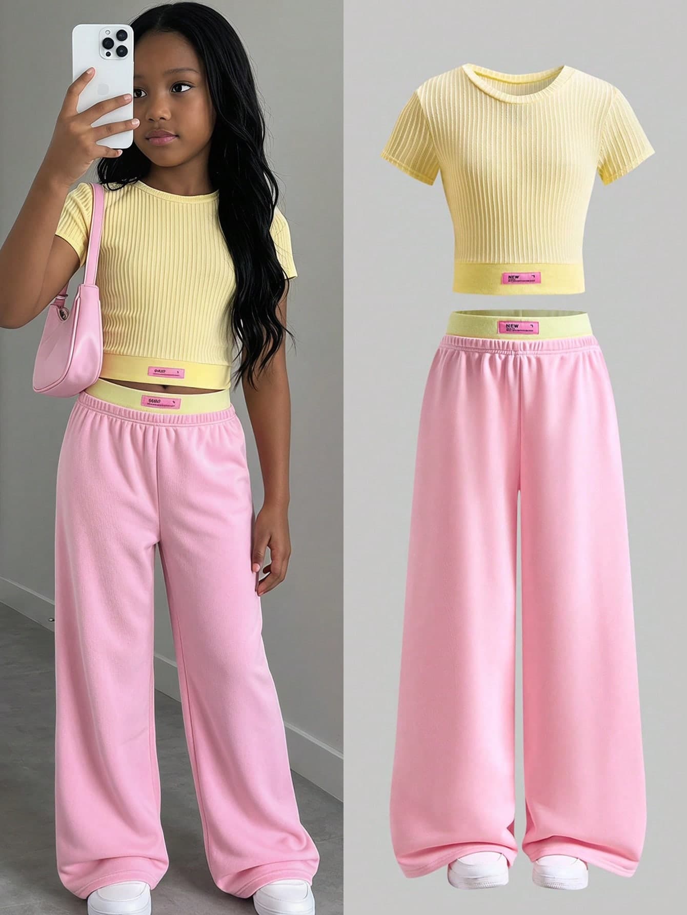 SHEIN Tween Girls' Casual All-Match Versatile Nordic Style Comfortable Knit Sleeveless Cropped Tank Top + Contrast Waistband Sweatpants Set
