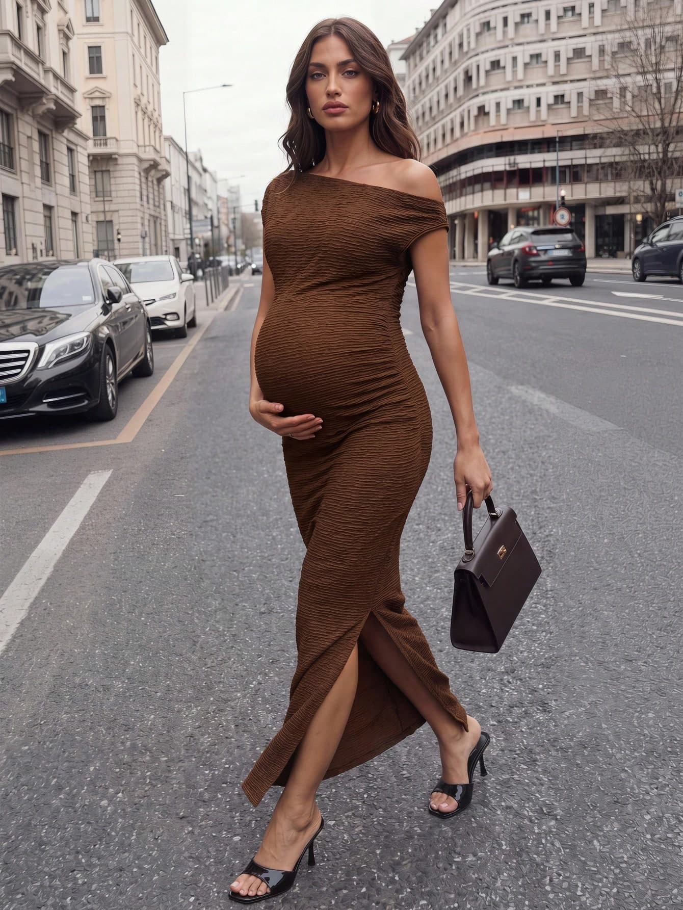 MaterniWear Summer Elegant Maternity Dress For Pregnant Women, Brown Off-The-Shoulder Jacquard Fabric High-Slit Slim-Fitting Asymmetrical Shoulder Outfits