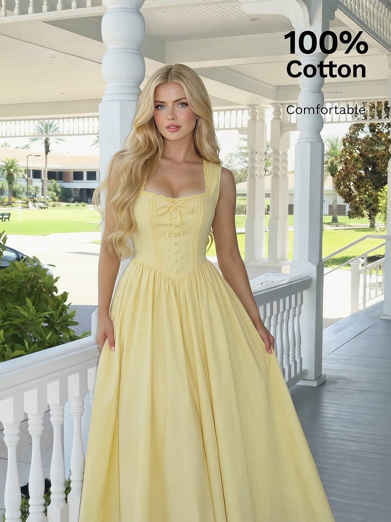 Skyraze Pale Yellow Cotton Square Collar Button Trim Dress,Cottage Core Vintage Princess Gown,Women's Summer Holiday Tea Party,Vacation Beach Garden Outfit