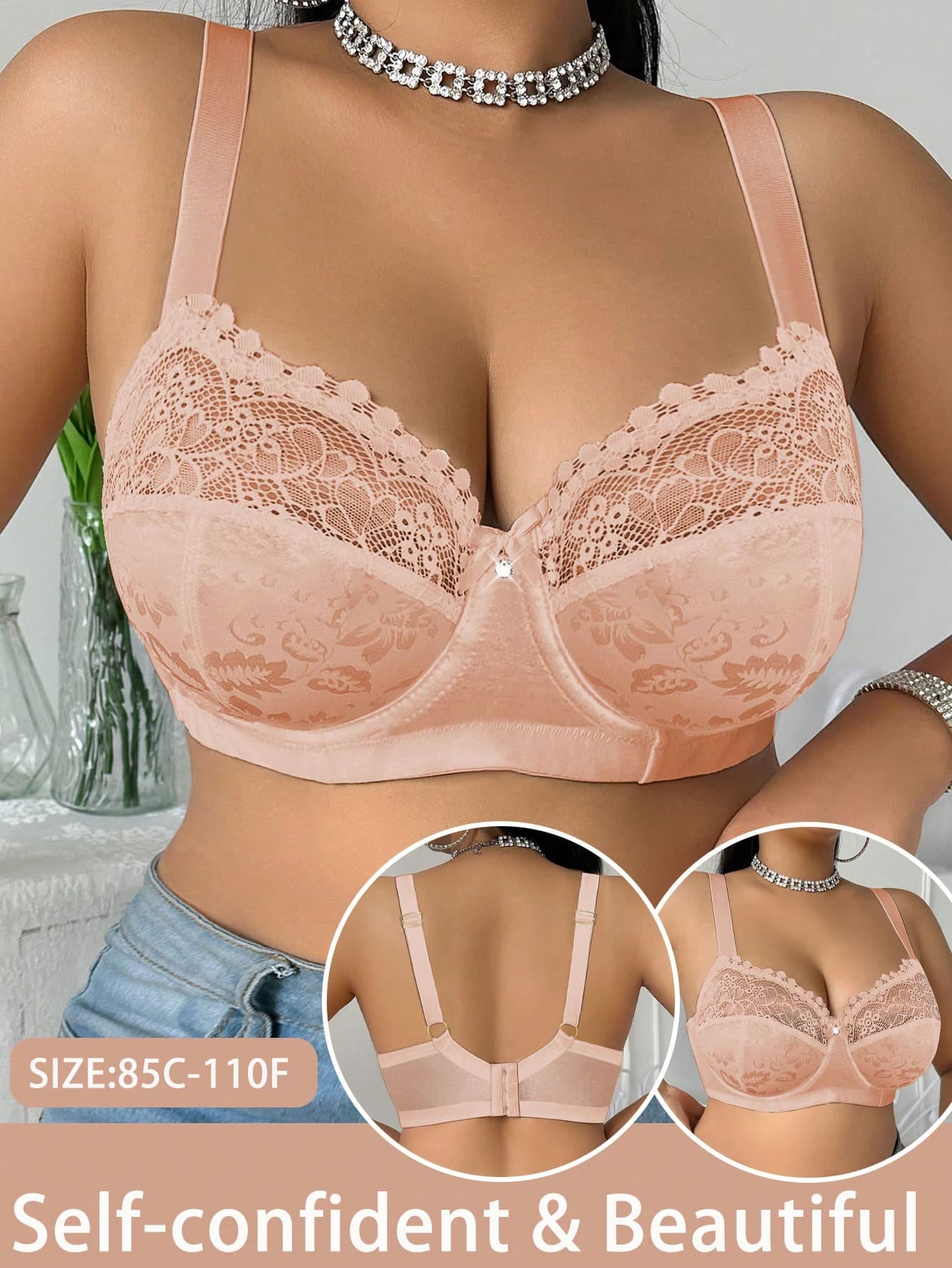 DesireSculpt 1pc Plus Size Lace Patchwork Underwire Bra