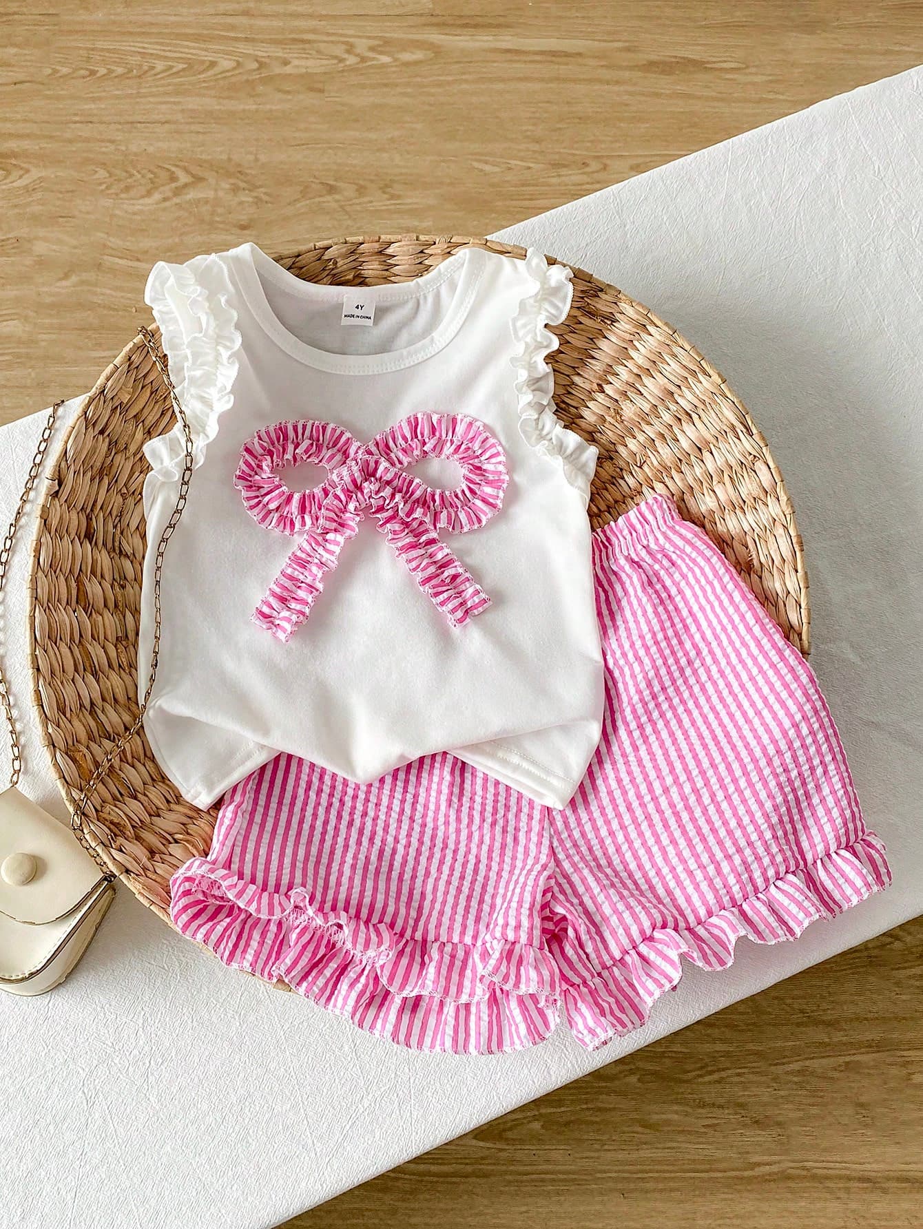 SHEIN Playful Pals Young Girl (Small) Knitted Jacquard Ivory Ruffle Trim Camisole Top And Pink Ruffle Trim Shorts Set, Cute And Adorable Baby Summer Outfit