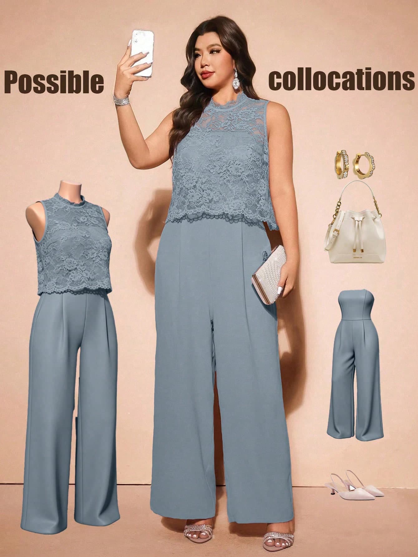 Cravure Plus Size Elegant Invisible Strap Jumpsuit And Lace Sleeveless Top 2pcs Set Formal Wedding Dusty Blue Summer
