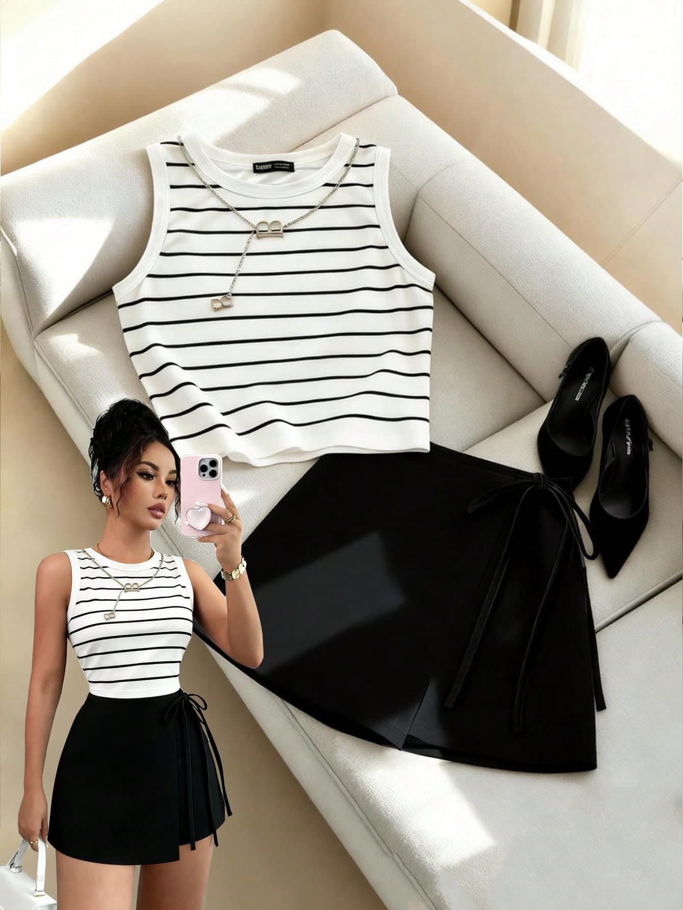 Franclia Women's Chic Black And White Striped Sleeveless Top & Side-Tie Culottes Set,Summer A-Line Slim Fit Two-Piece Outfits For City Break,Office & Vacation