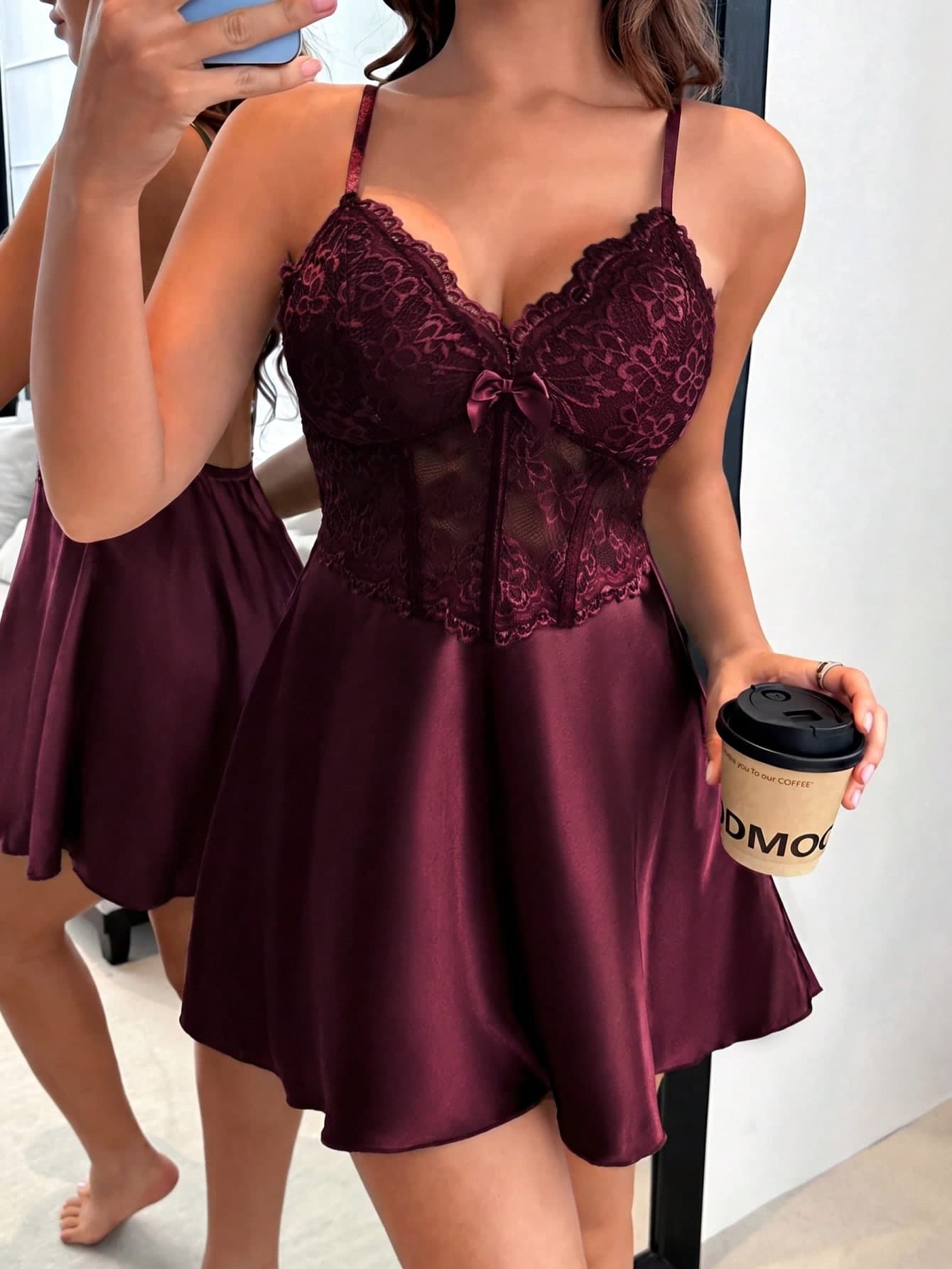 Napfluff Mature Sexy Lace Fishbone Bodycon Faux Silk Satin Bow Decor Women Slip Dress
