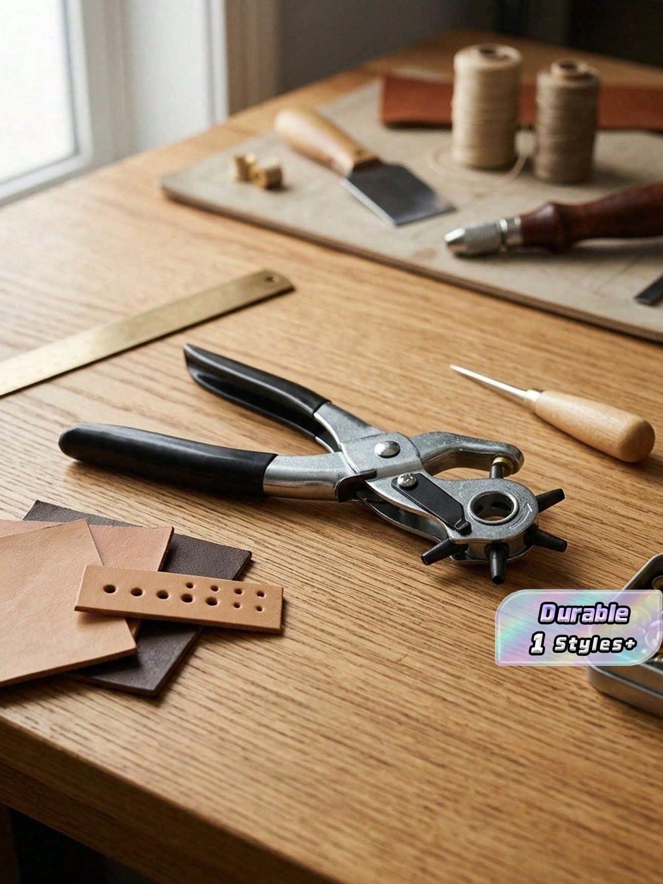 1Pc Multifunction Belt Punch Tool,Leather Hole Punch Tool 8.5" Heavy Duty 6 Size Revolving Leather Belt Hand Hole Puncher For Belts, Watch Bands, Straps, Dog Collars, Saddles, Shoes, Fabric, DIY Home Or Craft Projects Christmas For Holiday Gift Giving