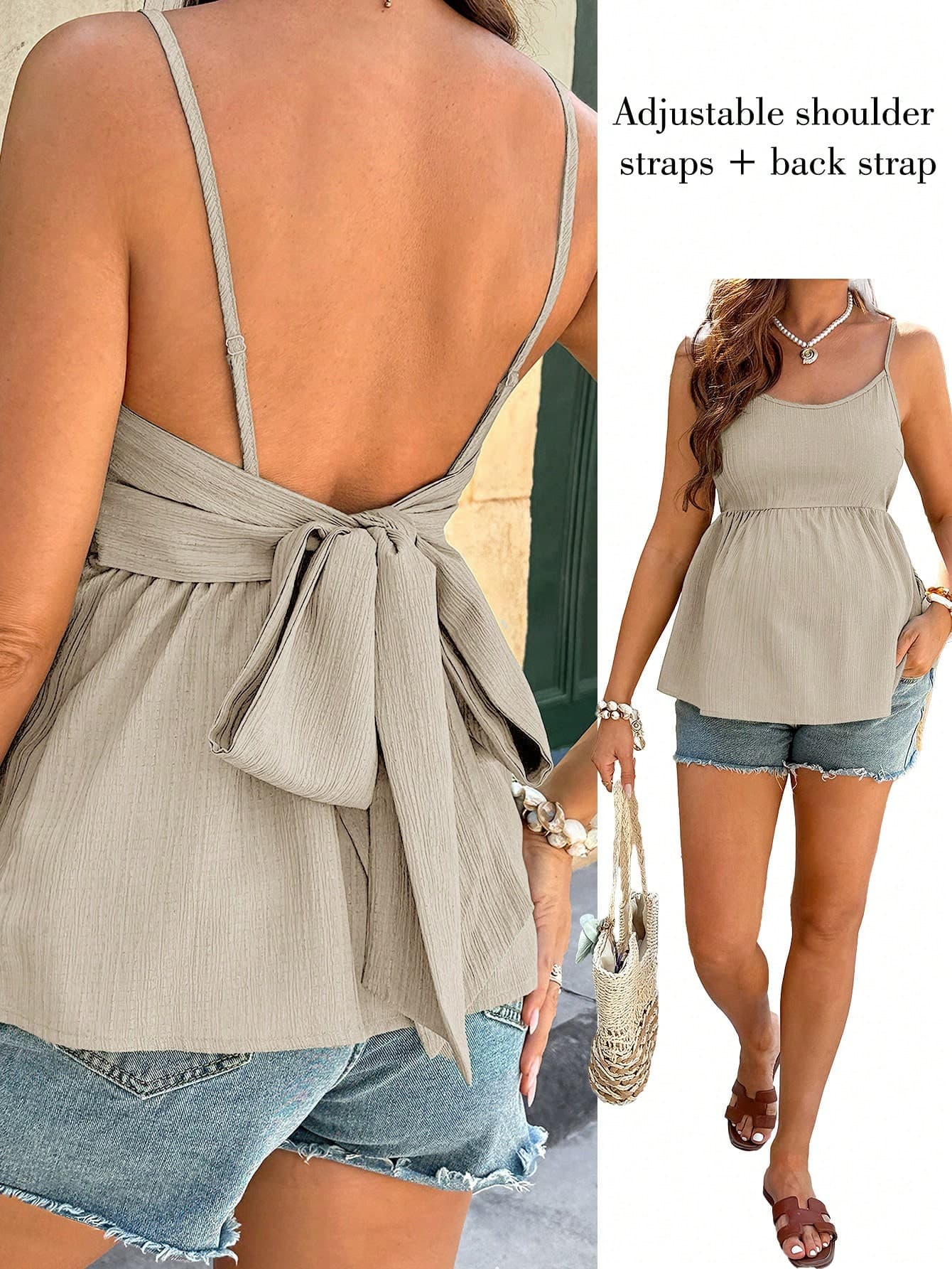 SHEIN Maternity Fashion Vacation Textured Pleated Spaghetti Strap Tank Top Beach