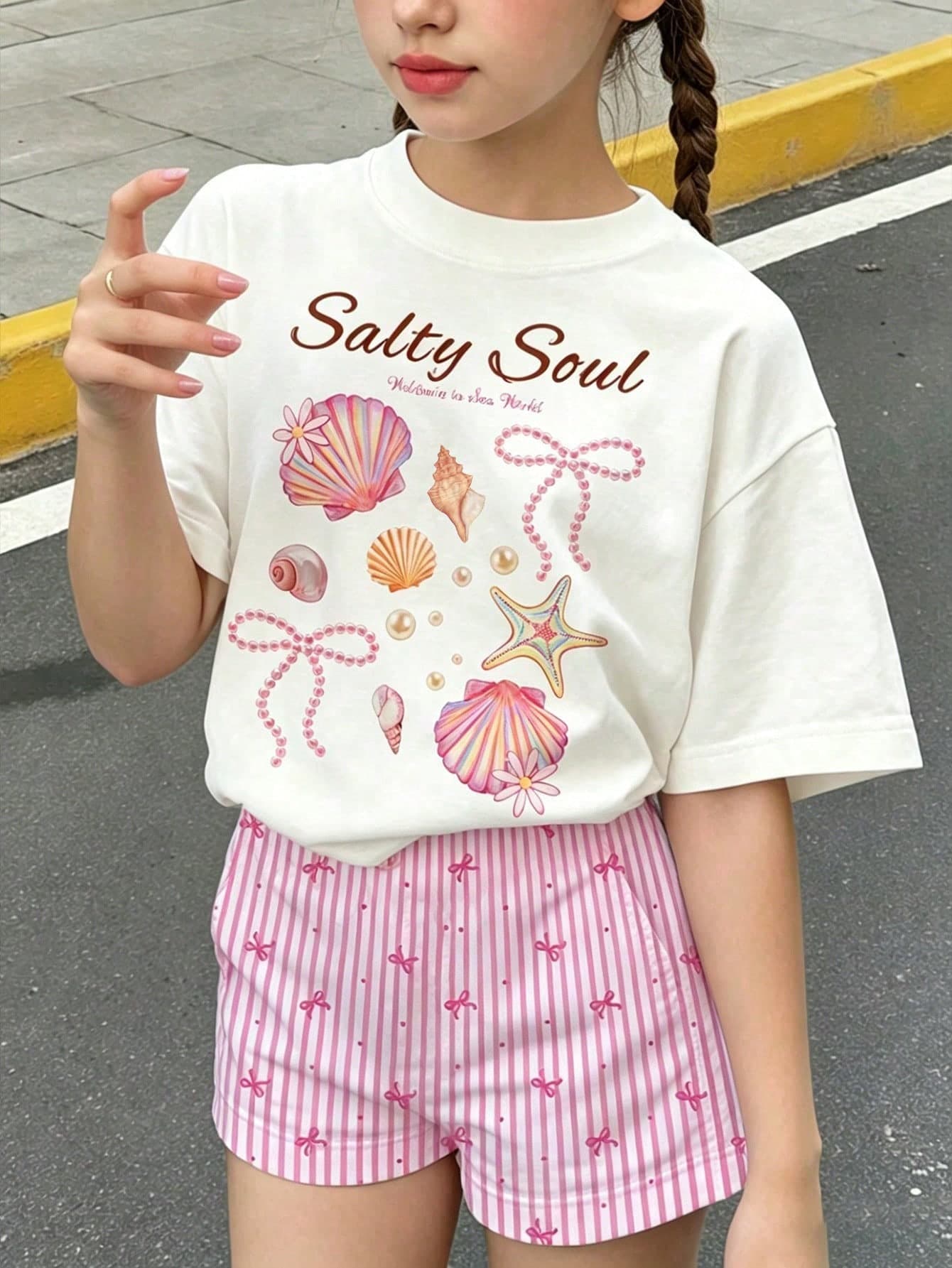 Tween Girl Cute White Summer 2-Piece Set,Round Neck Letter & Shell Print Short Sleeve T-Shirt And Striped Shorts,Casual Vacation Holiday Street Style