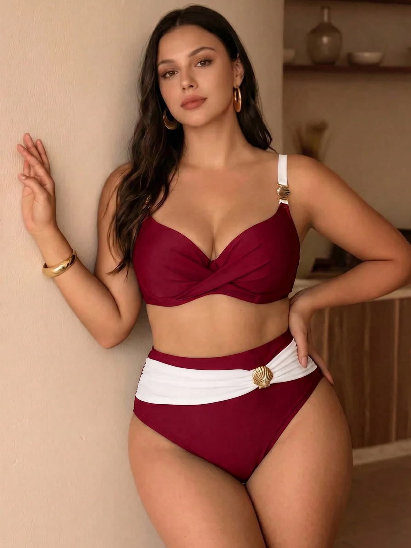 Swim Chiccia Plus Size French Elegant Burgundy Bikini Set With White,Summer,Classy,Bachelorette Party,Beach,Holiday,Underwire Supportive Cup High Waist Swimsuit