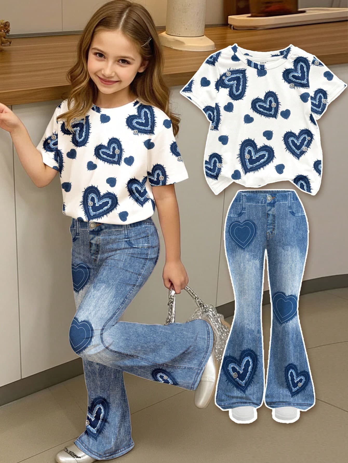 2pcs/Set Retro Heart Print,""Chill Chill"" Graphic Tee And Bell Bottom Pants,Cute Summer Back-To-School Outfits For Girls,Kawaii Y2K School Style Set