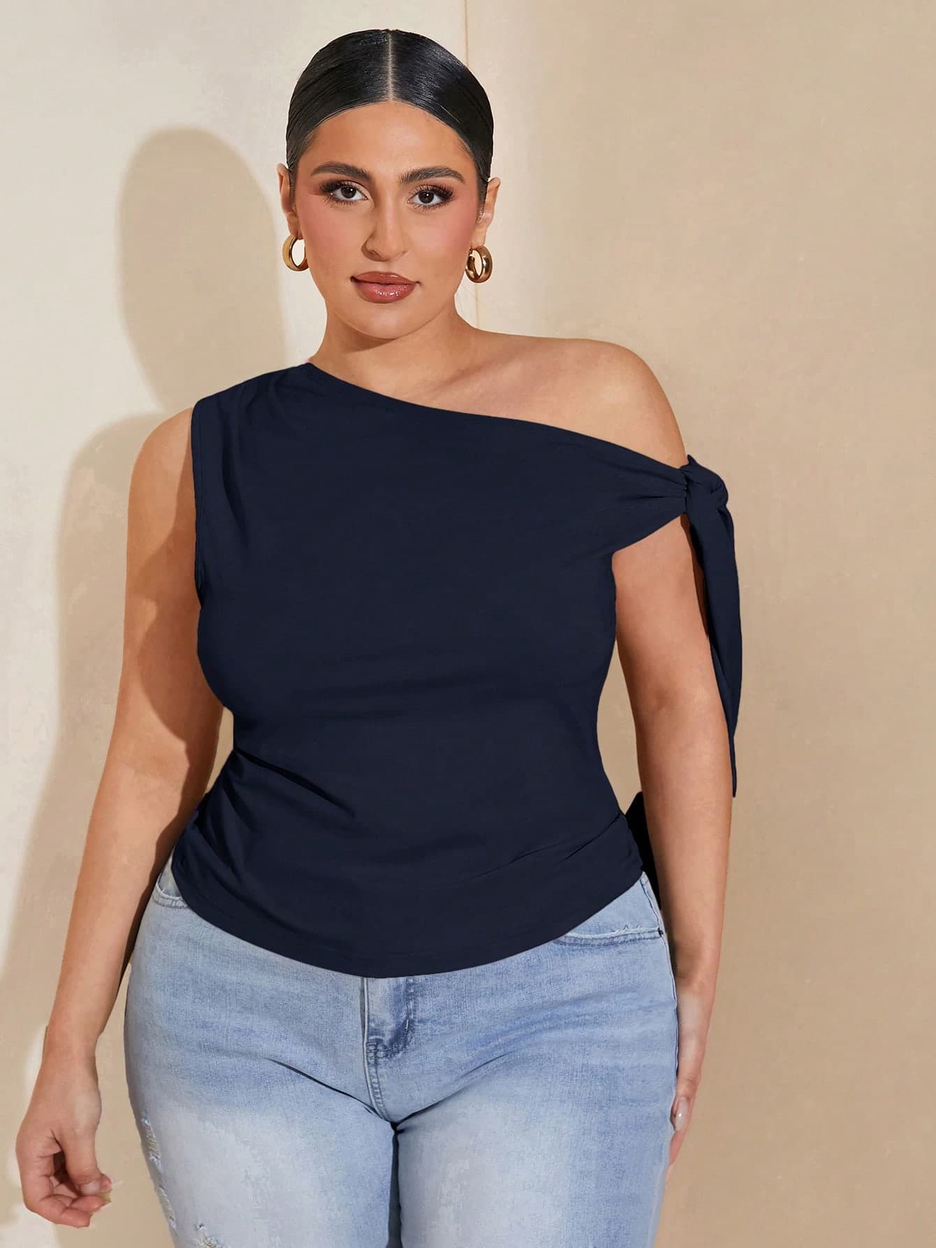 SHEIN BAE Plus Size Women Elegant Navy Blue Asymmetric Off-The-Shoulder Top,Summer Night Out Club Tops,Formal Party Birthday Valentine's Day Flounce