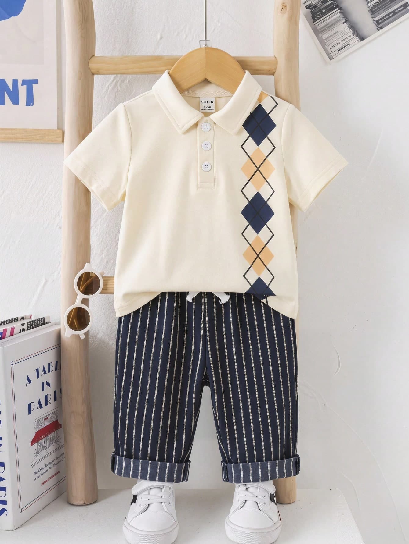 SHEIN 2pcs Baby Boy Summer Argyle Polo Shirt & Blue And White Striped Pants Set,Casual Collegiate Family Matching Back-To-School Outfit For Wedding Party