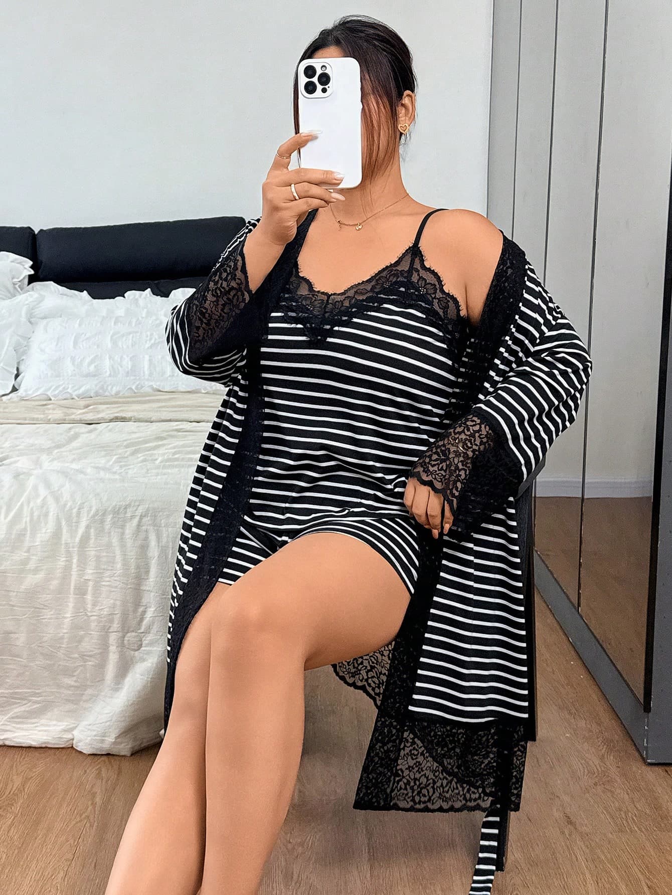 Napfluff CURVE Napfluff CURVE Plus Size Black & White Striped Lace Trim Casual Camisole Shorts & Robe Set For Women