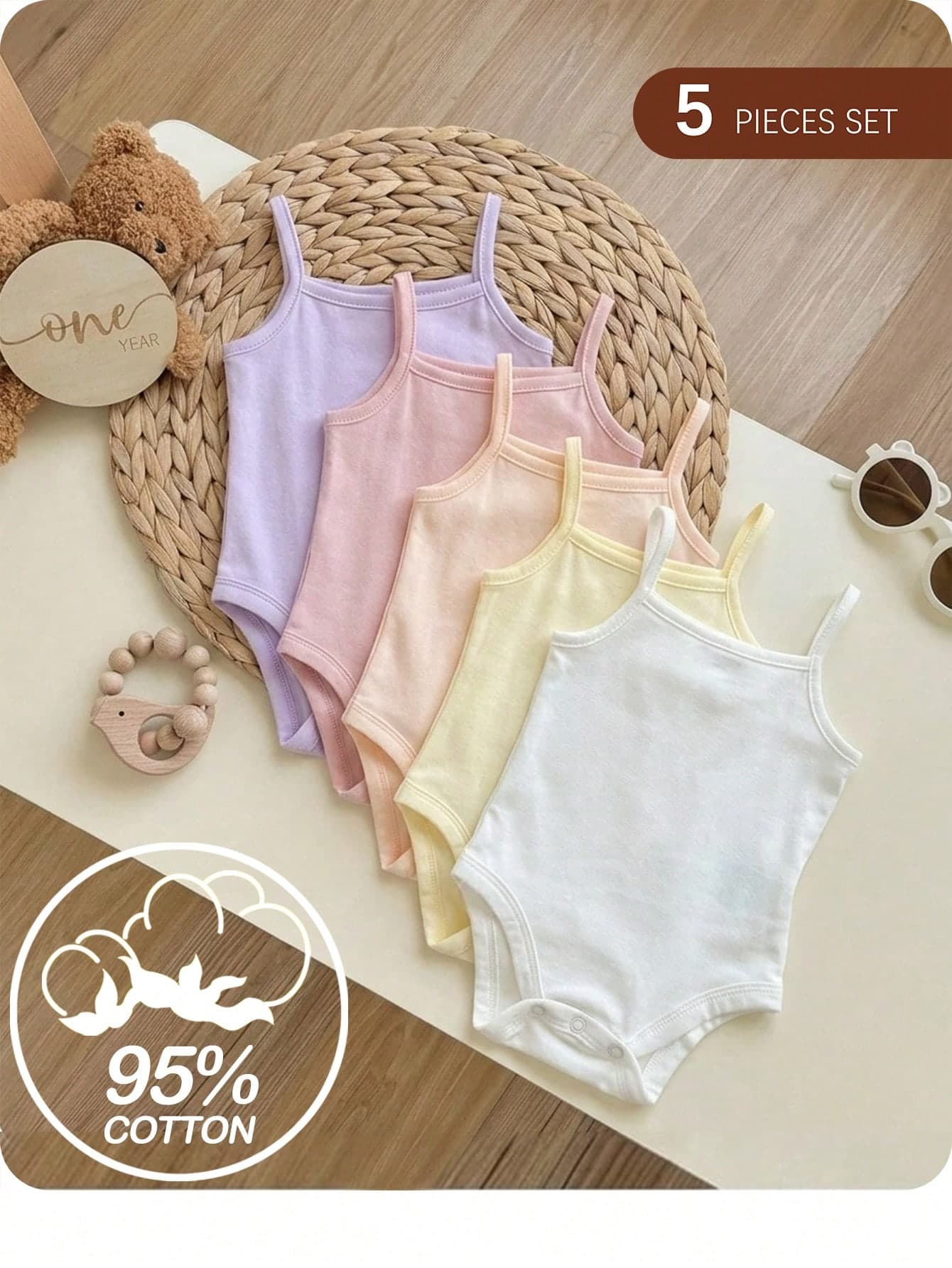 SHEIN 5pcs/Set Babygirl Casual Solid Color Knit Comfortable Spaghetti Strap Crotch Open Romper, Suitable For Summer