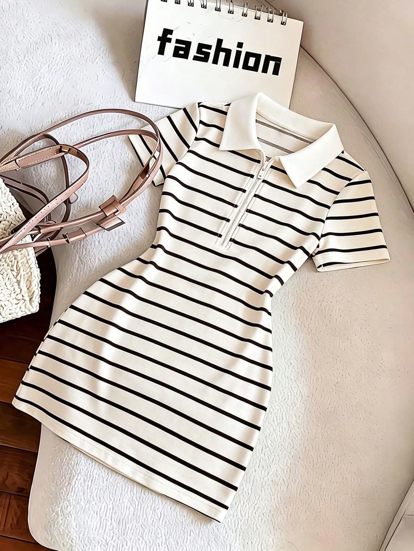 GlowEve Women's Black And White Striped Polo Collar Zip-Up T-Shirt Dress,Summer Casual School Back-To-School Vintage Short Dress,Sporty Elegant Beachwear