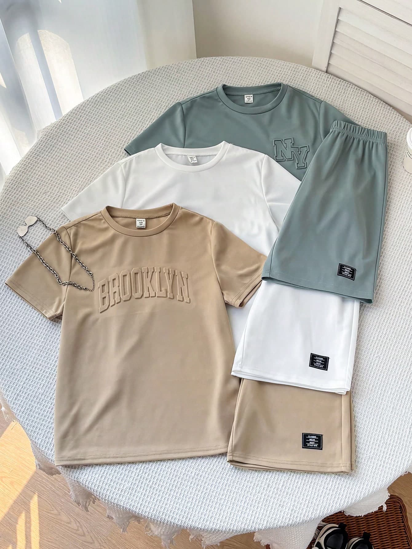 SHEIN 6pcs/Set Teen Boy Beige Summer Streetwear Beach Back-To-School Embossed Round Neck Short Sleeve T-Shirt Top&Decorative Shorts Casual Two Pieces Set