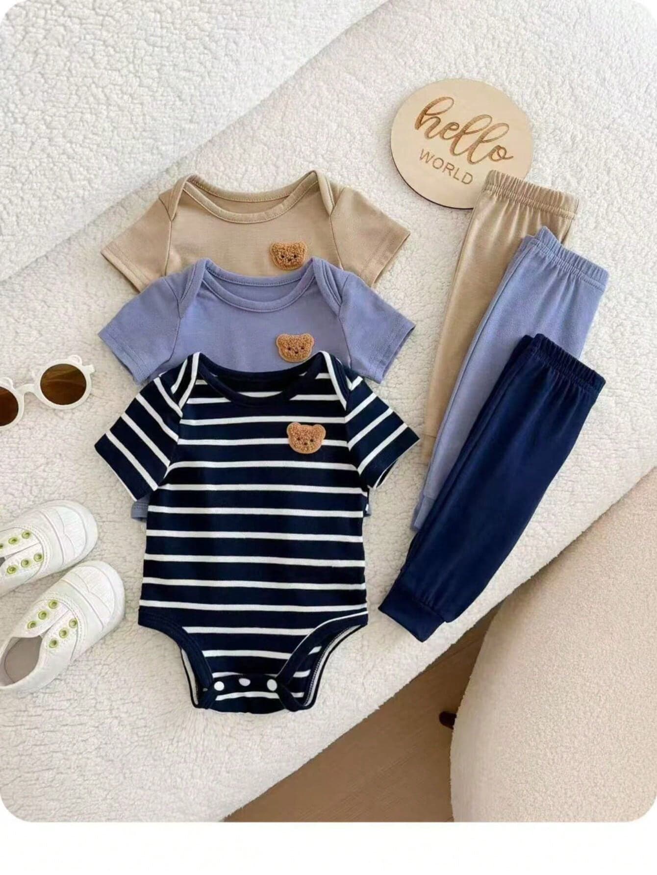 6pcs/Set Newborn Baby Boy Girl Navy Blue Summer Casual Cute Family Matching Striped Star Short-Sleeved Romper Knit Top And Pants Daily Wear Outfit