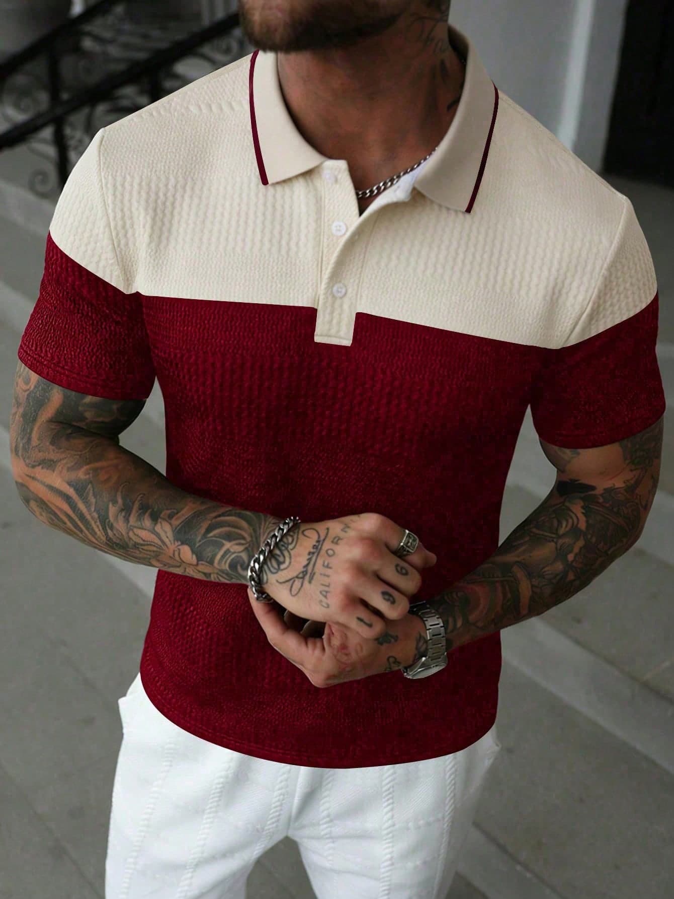 EGENSIO Men's Casual Commuting Contrast Color Textured Fabric Short Sleeve Polo Shirt, Summer