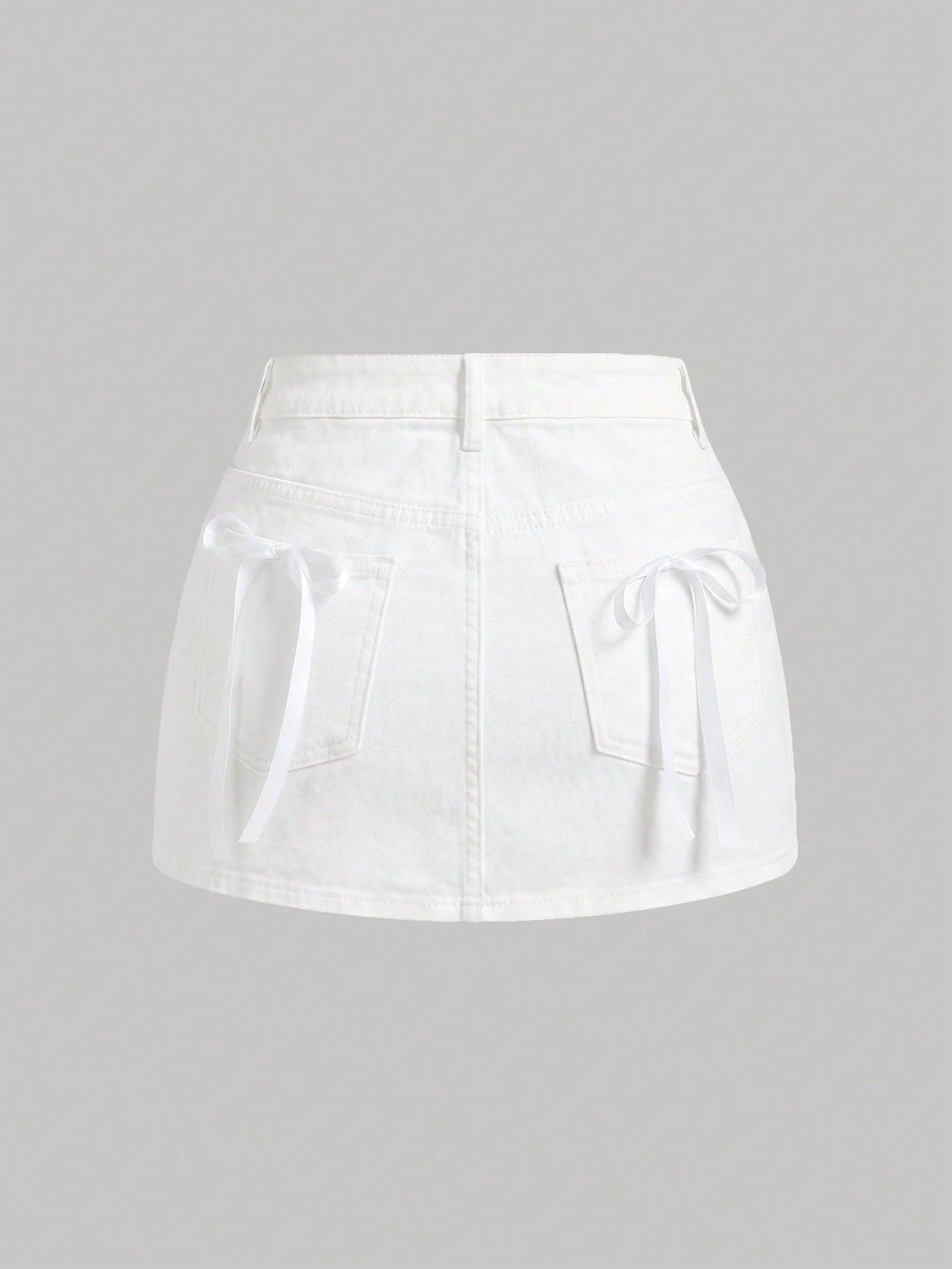 SHEIN MOD Women's Casual Y2k Denim Skirt With Bow Decor Date White Summer,Suitable For Various Occasions, Graduation Season, All Seasons