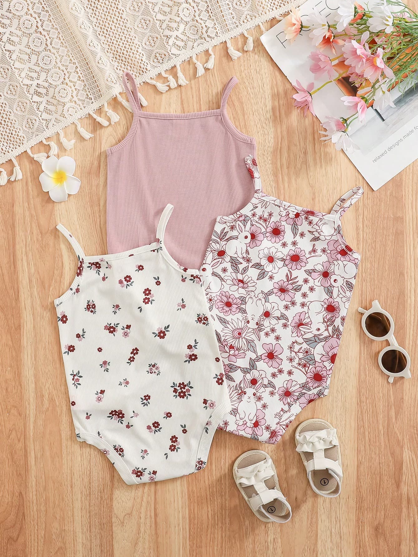 Cozy Pixies 3pcs/Set Baby Girls' Squishy Ditsy Floral Sleeveless Romper, Casual Vacation Daily Wear, Suitable For Photoshoot, Camping, Shopping, Holiday