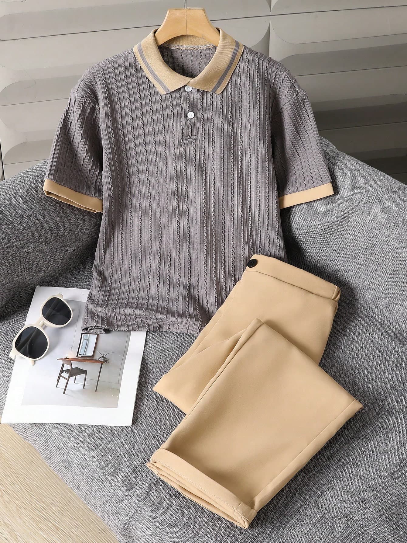 2pcs Teen Boy Gentleman Set,Short Sleeve PoloShirt+TrousersElegant Formal,Green,Khaki,Summer,BirthdayParty,Wedding,Anniversary,GraduationBackto School