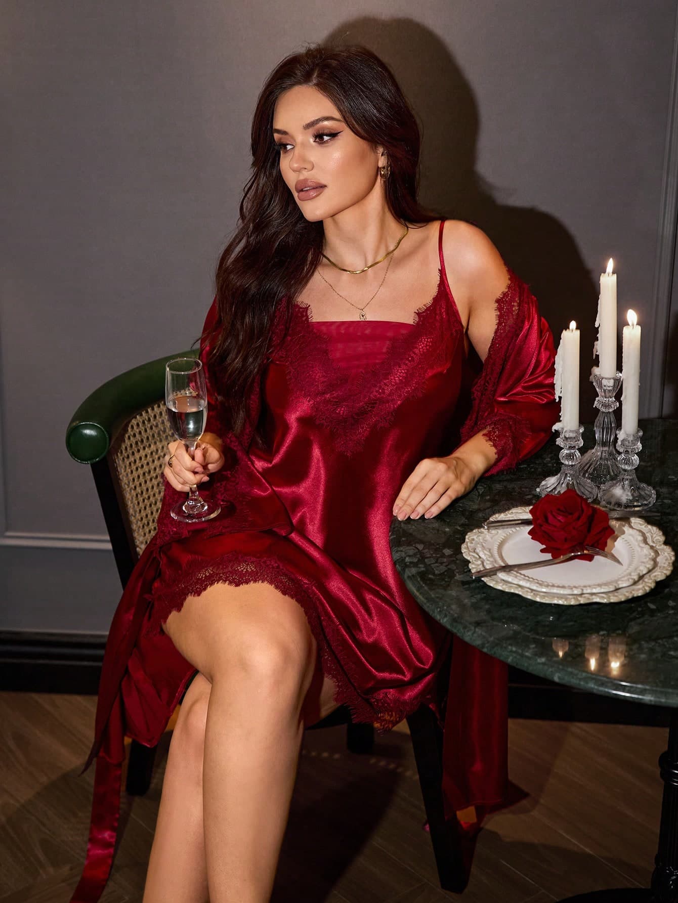SilkySpell Burgundy Lace V-Neck Mesh Plus Size Sleepwear With Slit Sleeves Night Wedding Autumn