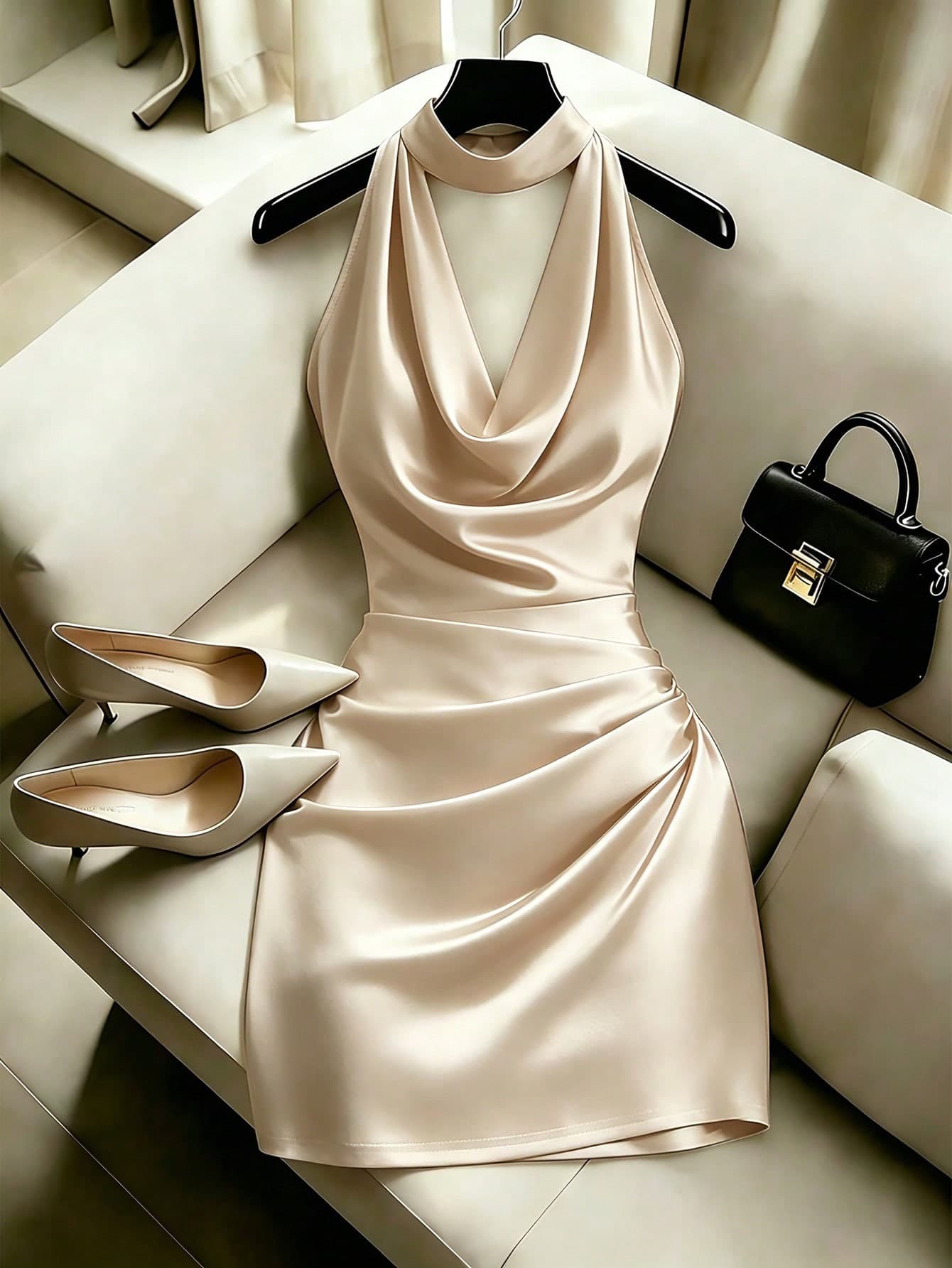 Franclia Elegant New Fashion Brown Draped Neck Dress, With Draped Neckline, Waist Pleats For Slim Fit, Sexy, Elegant, Fashionable, Brown Bodycon Mini Dress