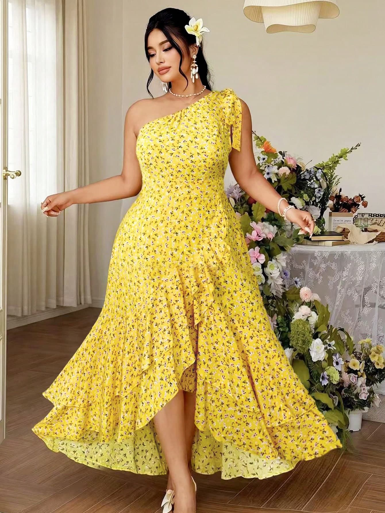 SHEIN Clasi Plus Size Women's Elegant A-Line Butter Yellow Autumn Boho Tea Party Vacation Dress,Tie Waist,Ruffle Hem, Silhouette,Wedding,Commute Long Dress