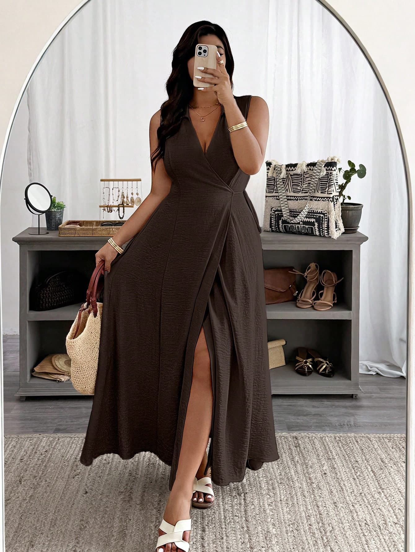 Weeklong Plus Size Women Casual Vacation Criss-Cross Neck Linen Texture Solid Color Dress