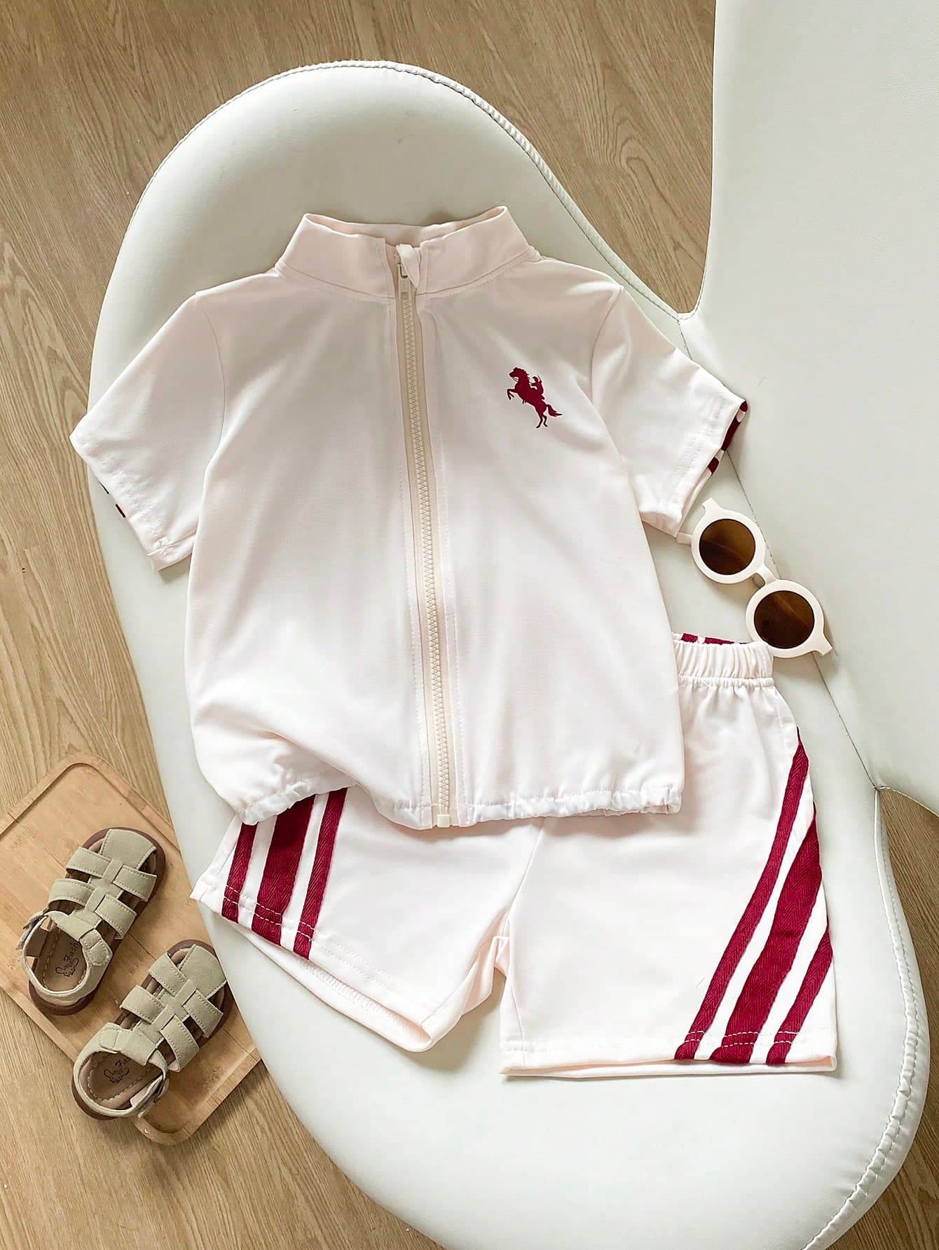 Playful Pals 2pcs/Set Young Boys Animal & Stripe Print Short Sleeve Stand Collar Tee + Elastic Waist Shorts Set, Casual Sports Outfit For Summer
